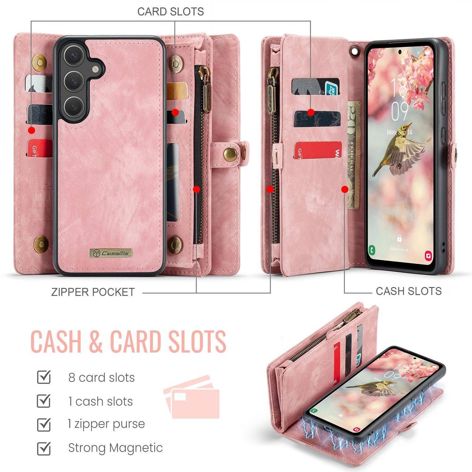 Für Samsung Galaxy S25 5G CaseMe 008 Kunstleder Multifunktion Zipper Wallet Tasche Pink