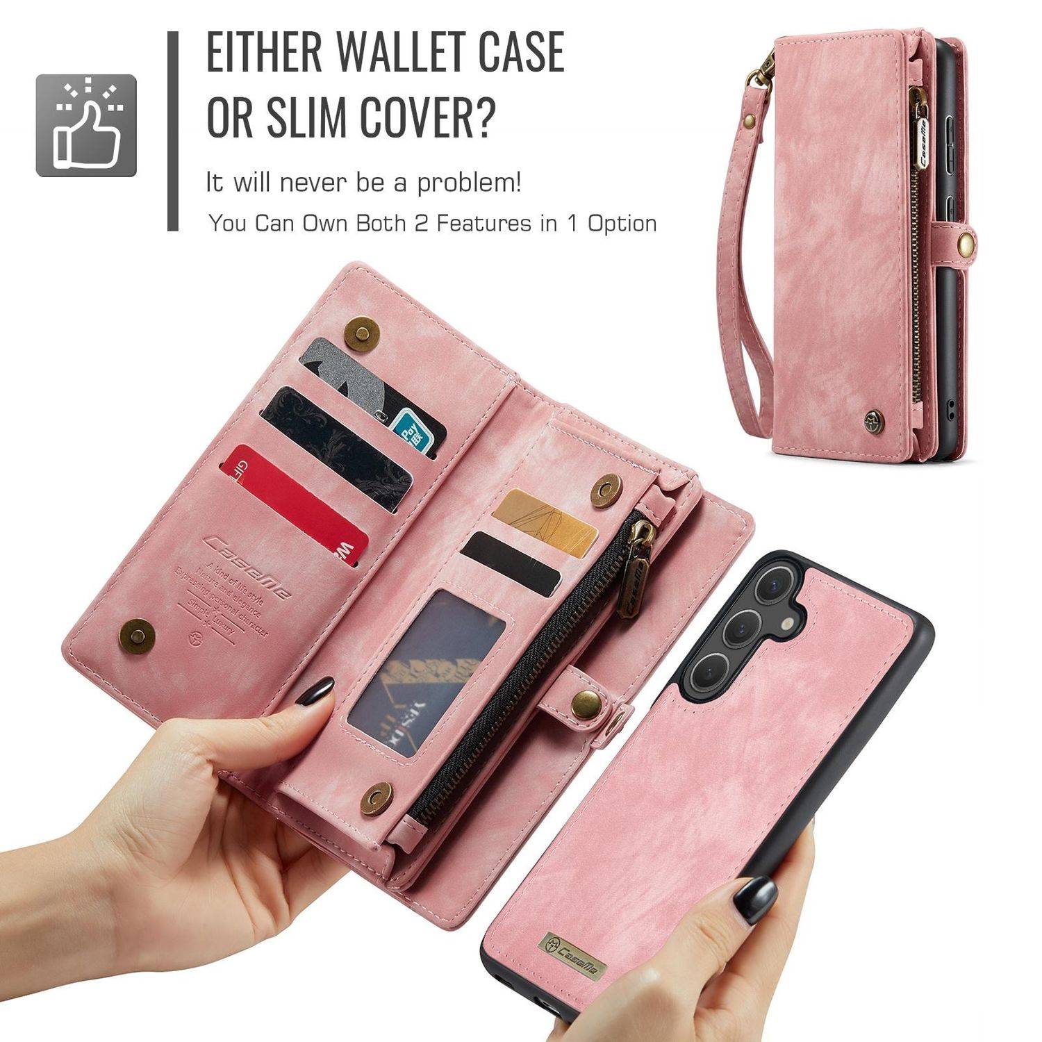 Für Samsung Galaxy S25 5G CaseMe 008 Kunstleder Multifunktion Zipper Wallet Tasche Pink