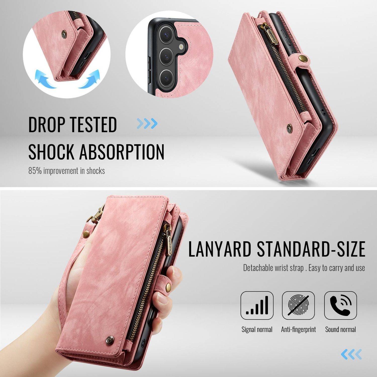 Für Samsung Galaxy S25 5G CaseMe 008 Kunstleder Multifunktion Zipper Wallet Tasche Pink