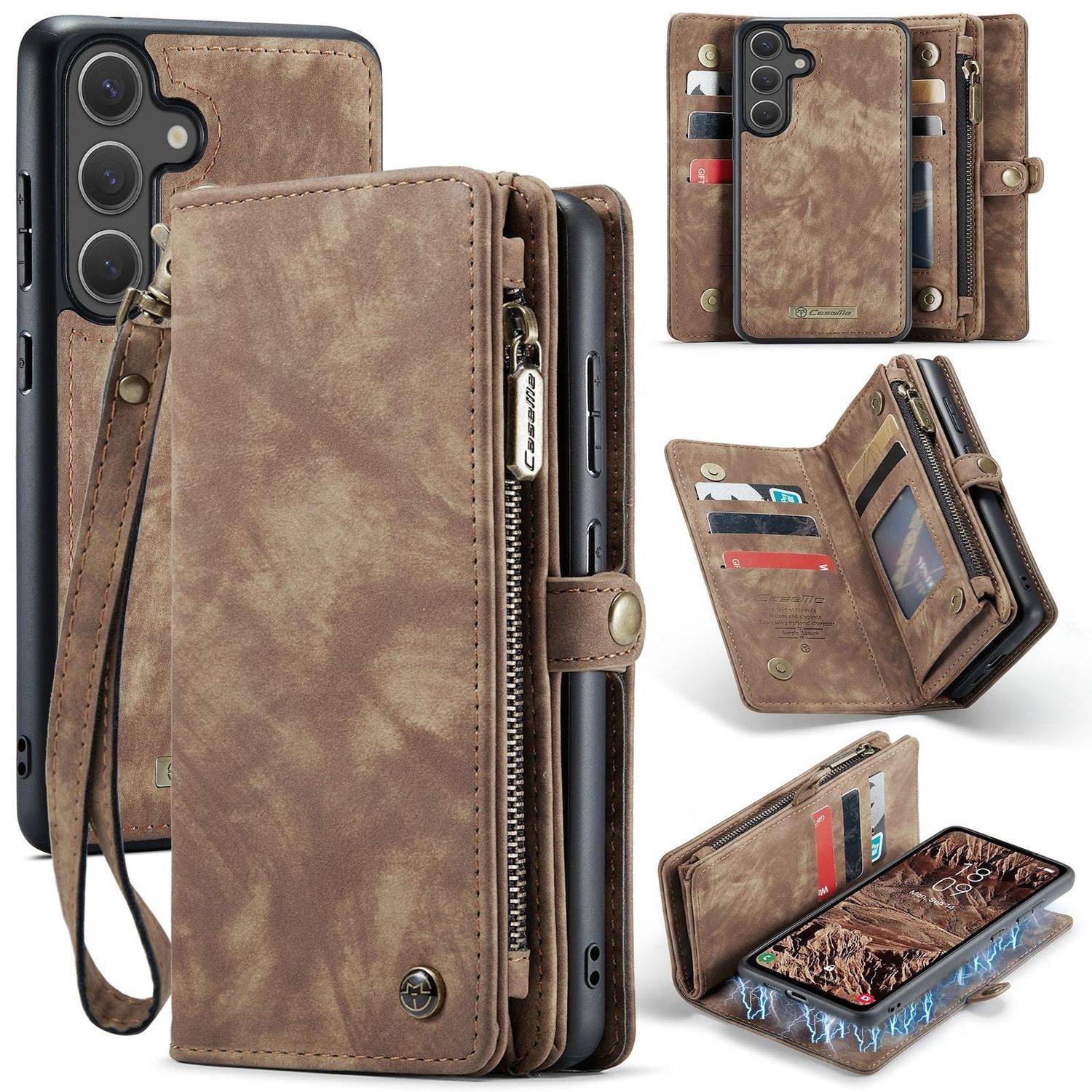 Für Samsung Galaxy S25 5G CaseMe 008 Kunstleder Multifunktion Zipper Wallet Tasche Braun