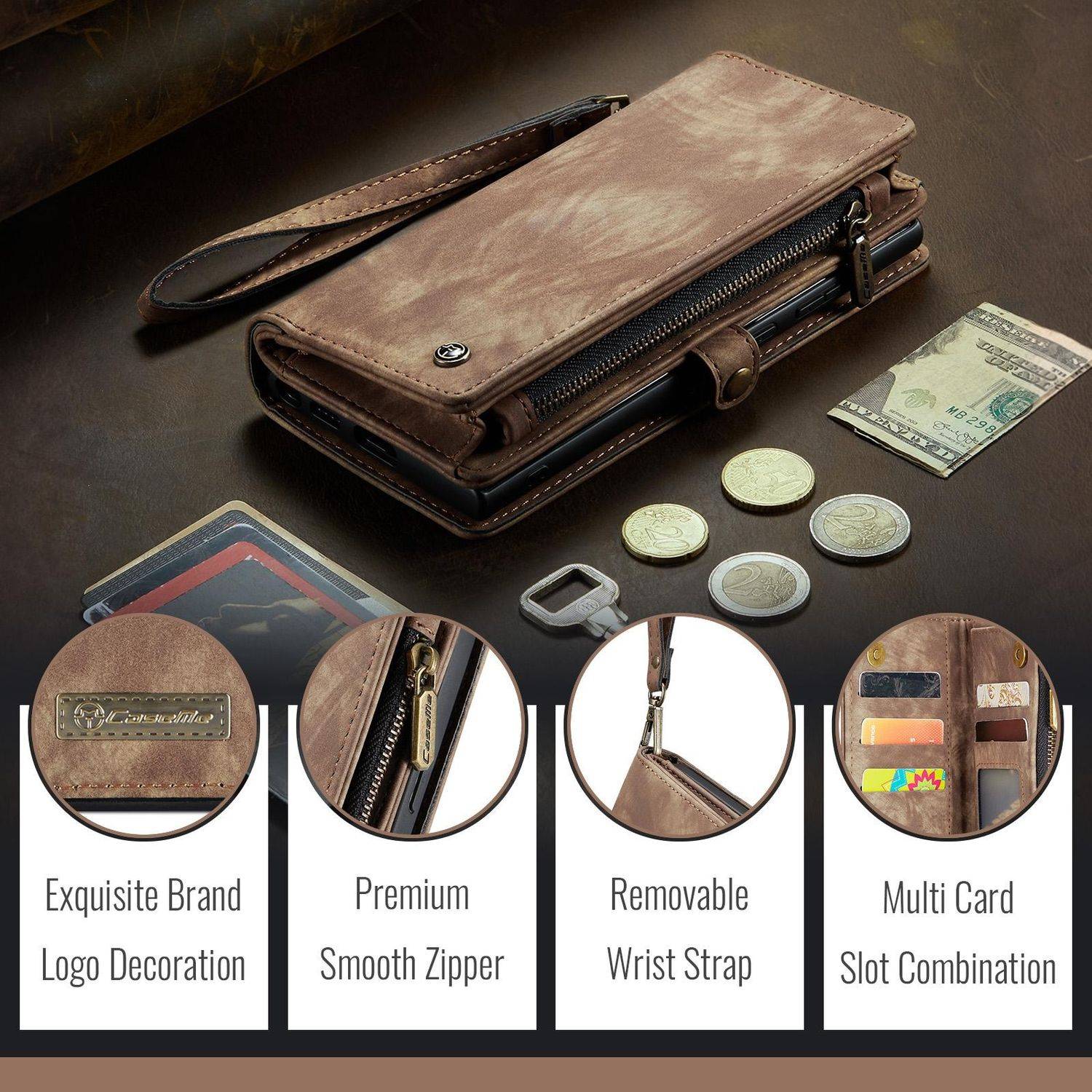 Für Samsung Galaxy S25 5G CaseMe 008 Kunstleder Multifunktion Zipper Wallet Tasche Braun