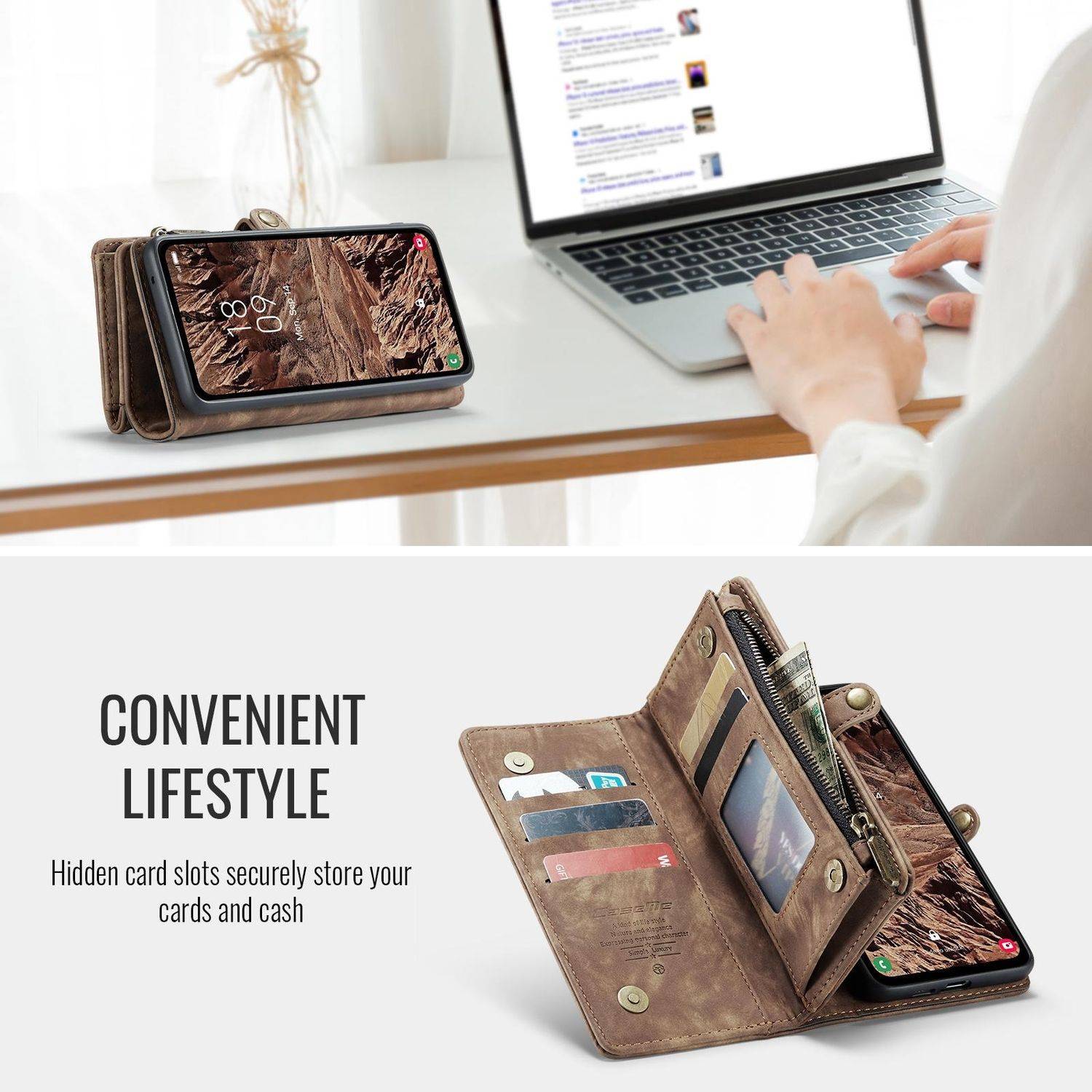 Für Samsung Galaxy S25 5G CaseMe 008 Kunstleder Multifunktion Zipper Wallet Tasche Braun