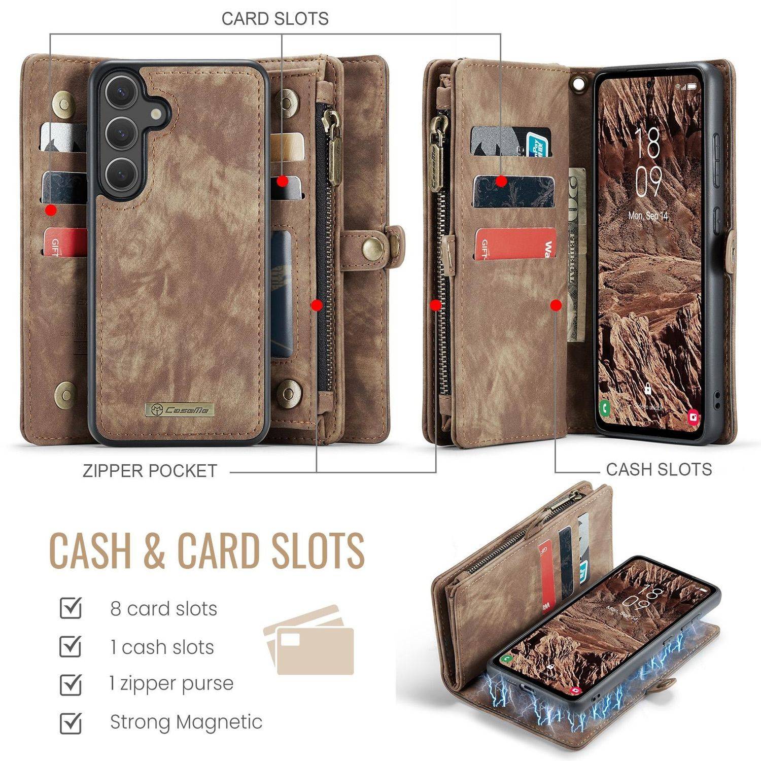 Für Samsung Galaxy S25 5G CaseMe 008 Kunstleder Multifunktion Zipper Wallet Tasche Braun