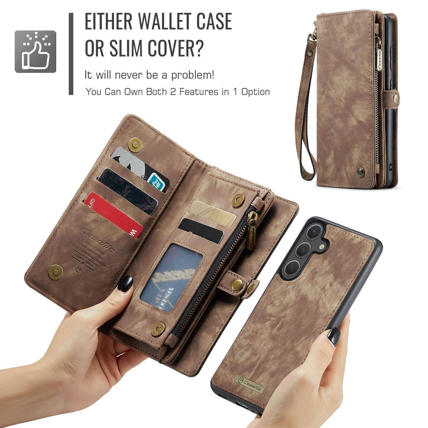 Für Samsung Galaxy S25 5G CaseMe 008 Kunstleder Multifunktion Zipper Wallet Tasche Braun