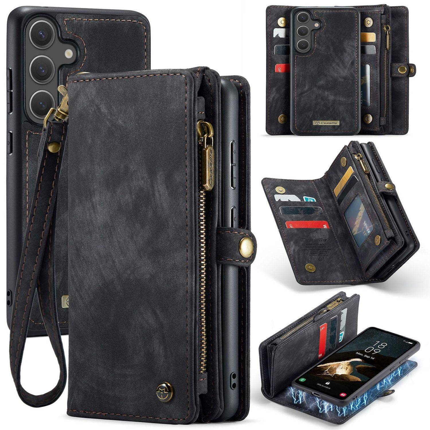 Für Samsung Galaxy S25 5G CaseMe 008 Kunstleder Multifunktion Zipper Wallet Tasche Schwarz