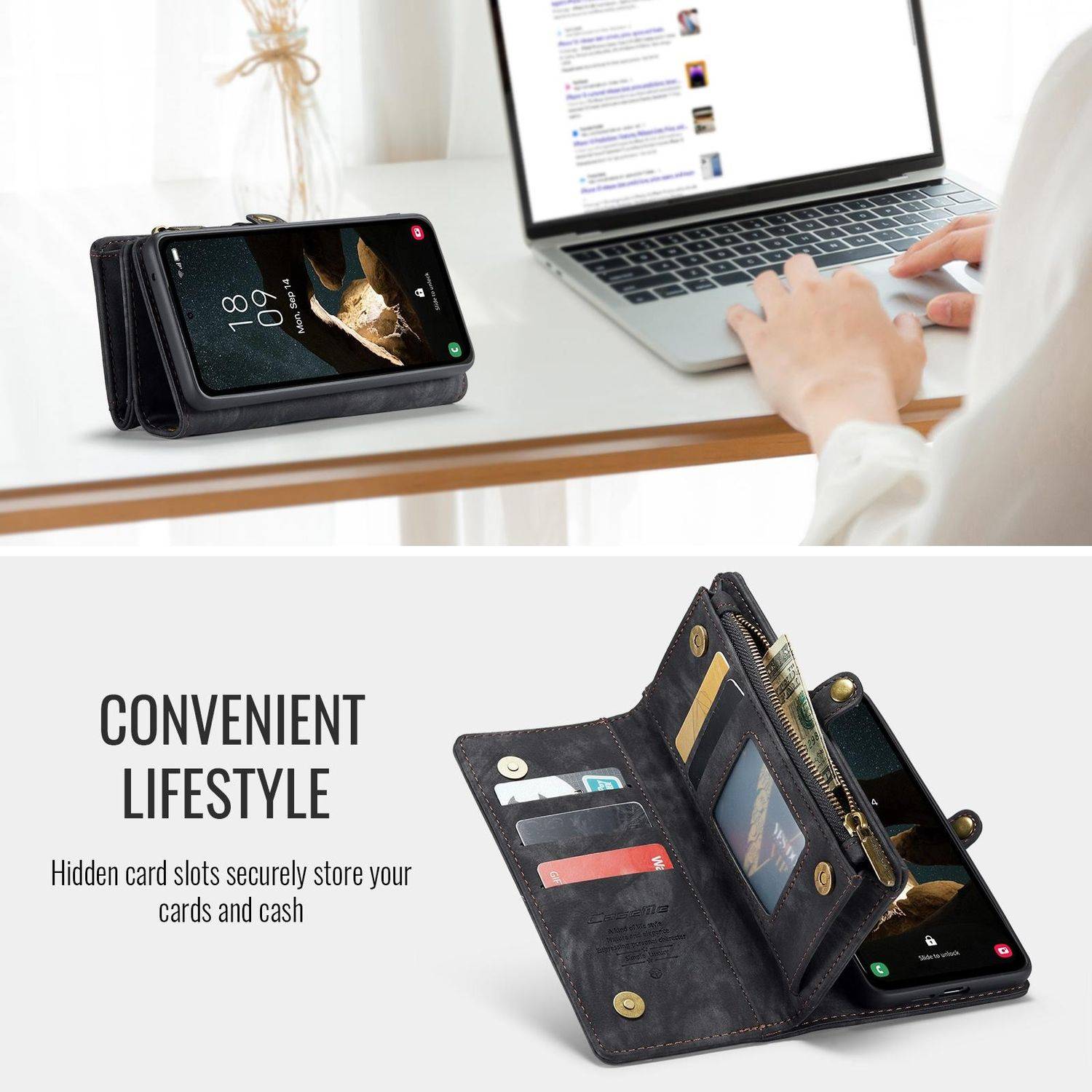 Für Samsung Galaxy S25 5G CaseMe 008 Kunstleder Multifunktion Zipper Wallet Tasche Schwarz