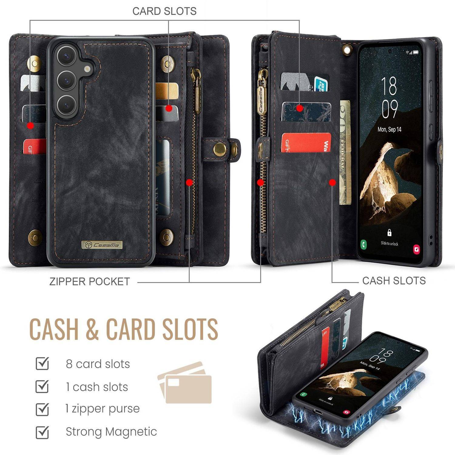 Für Samsung Galaxy S25 5G CaseMe 008 Kunstleder Multifunktion Zipper Wallet Tasche Schwarz