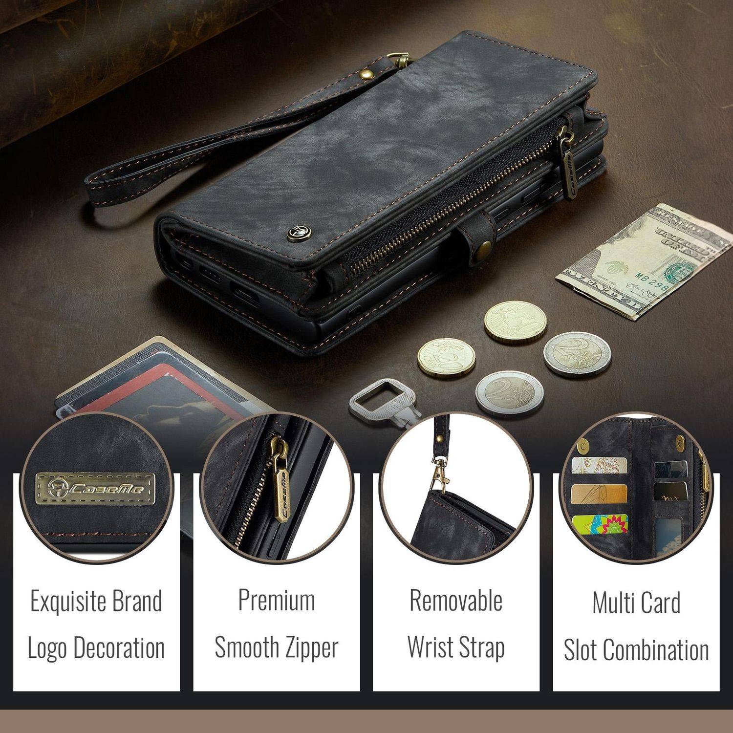 Für Samsung Galaxy S25 5G CaseMe 008 Kunstleder Multifunktion Zipper Wallet Tasche Schwarz