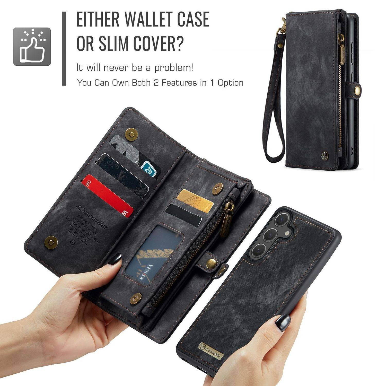 Für Samsung Galaxy S25 5G CaseMe 008 Kunstleder Multifunktion Zipper Wallet Tasche Schwarz