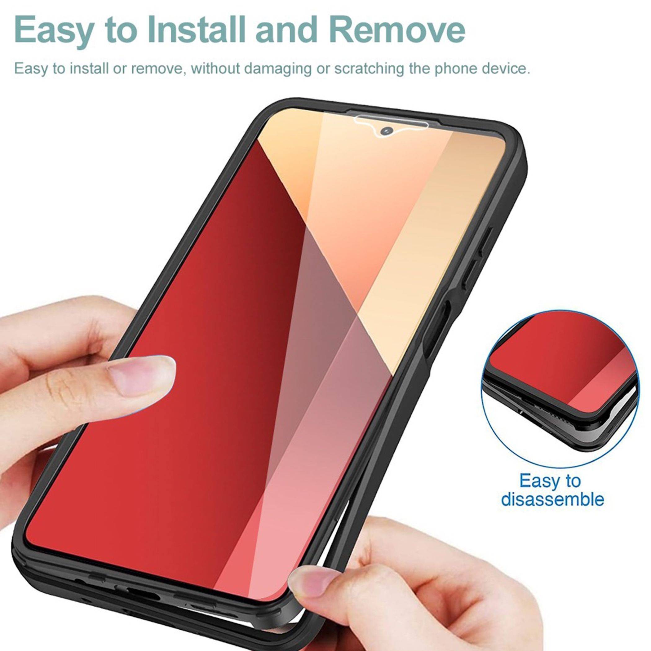 Hände entfernen eine Handyhülle von einem Smartphone und zeigen einfache Installation und Entfernung ohne Kratzer; die Bildeinblendung hebt die einfache Zerlegbarkeit hervor.