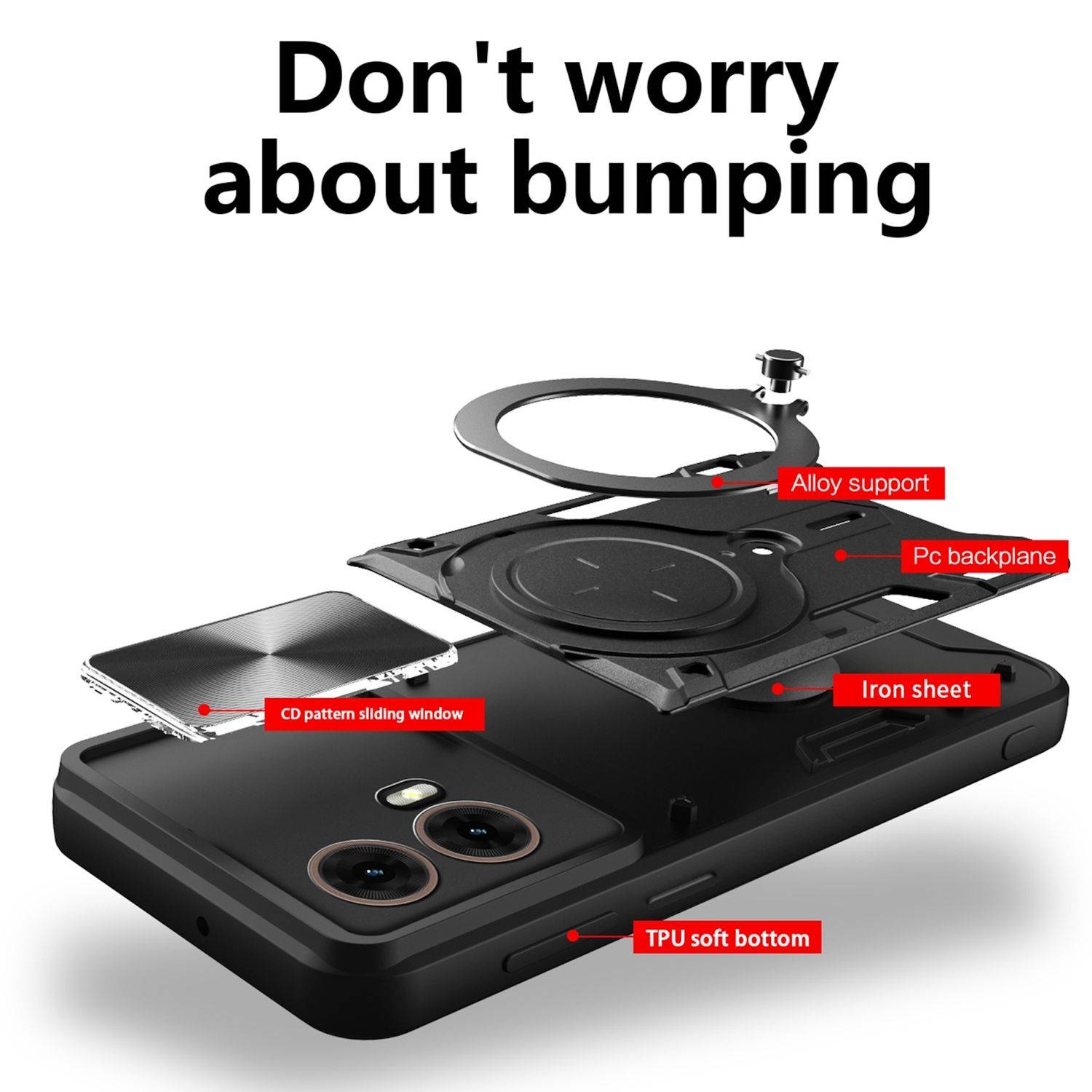 Für Motorola Moto G85 CD Textur Sliding Kamera TPU PC Hülle Magnet Ring Schwarz