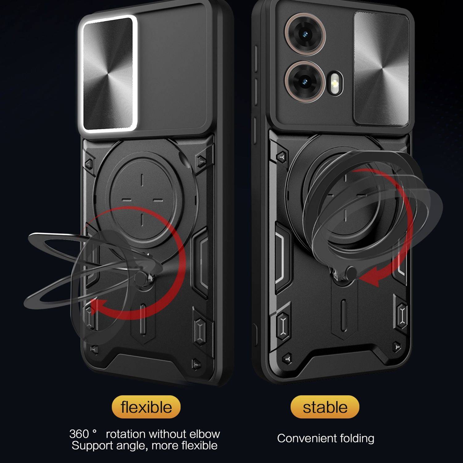 Für Motorola Moto G85 CD Textur Sliding Kamera TPU PC Hülle Magnet Ring Schwarz