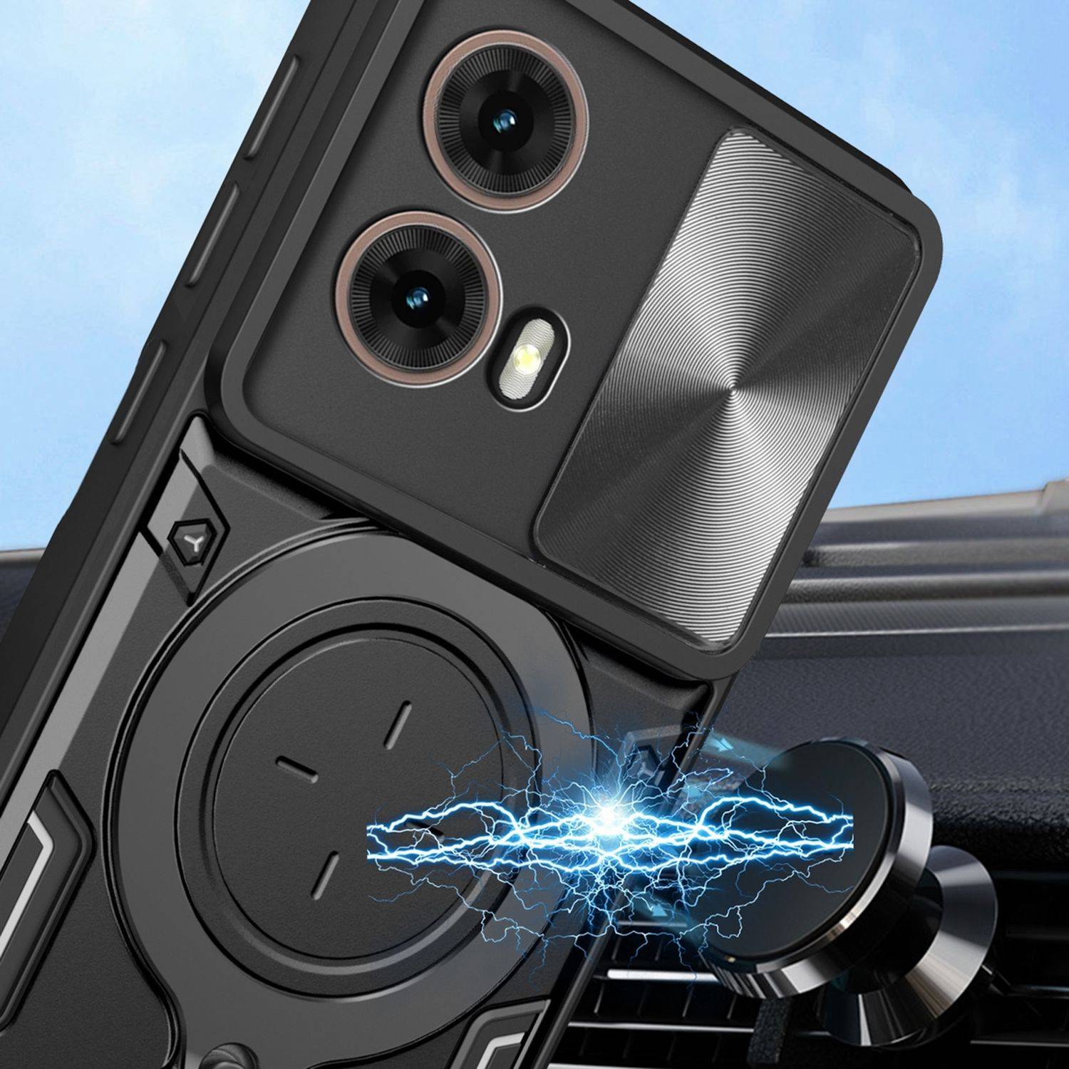 Für Motorola Moto G85 CD Textur Sliding Kamera TPU PC Hülle Magnet Ring Schwarz