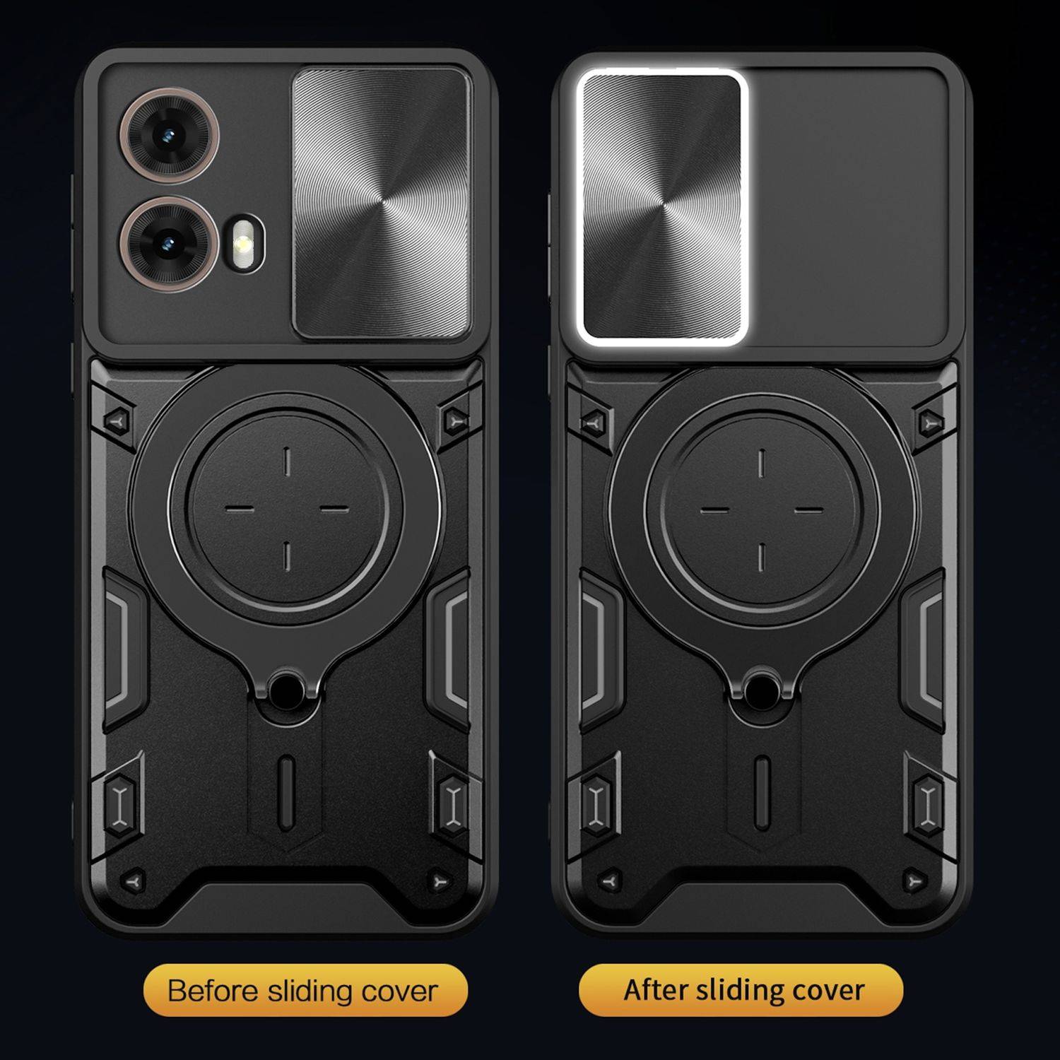 Für Motorola Moto G85 CD Textur Sliding Kamera TPU PC Hülle Magnet Ring Schwarz