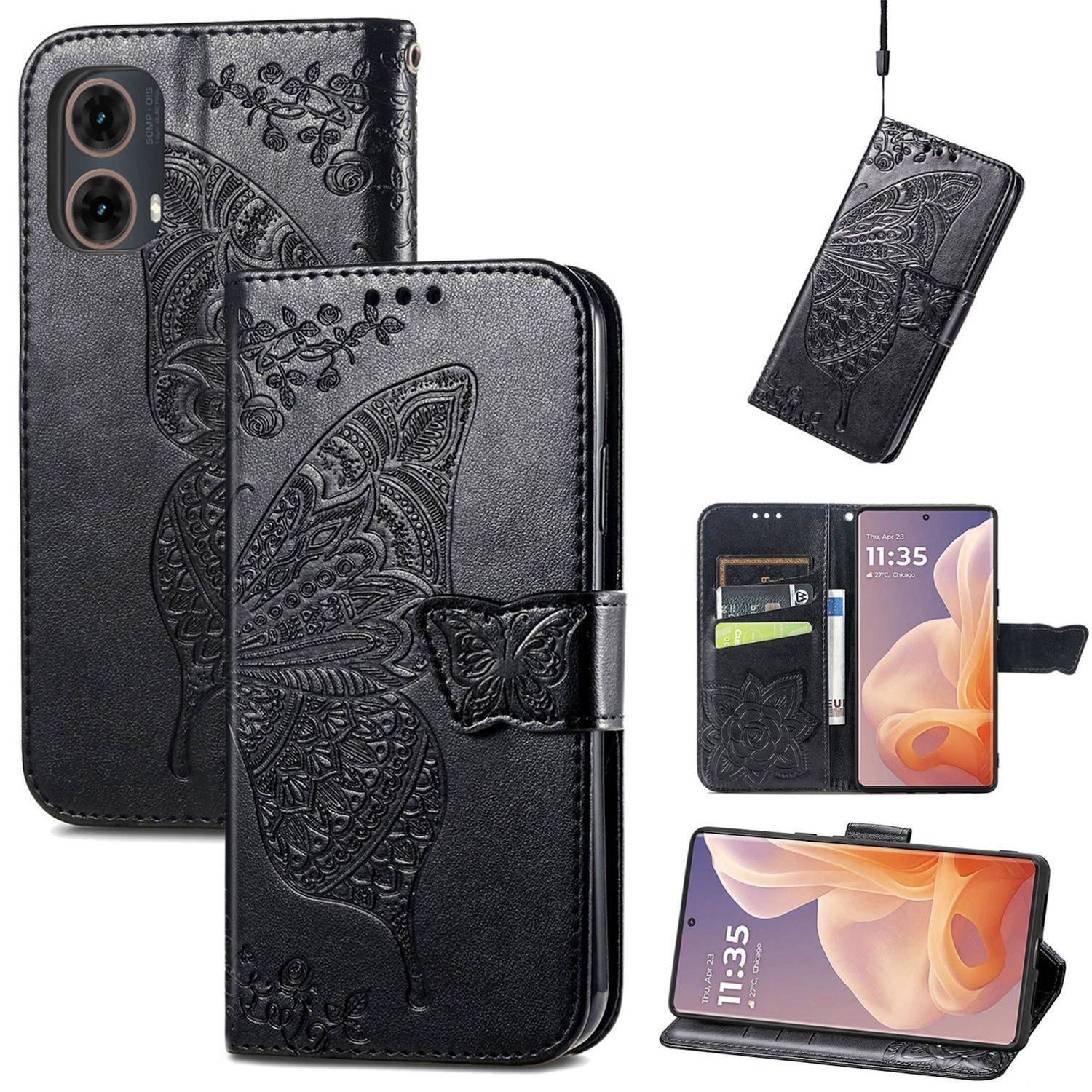 Für Motorola Moto G85 Kunstleder Wallet Handy Tasche Schmetterling Design Hülle Etuis Schwarz