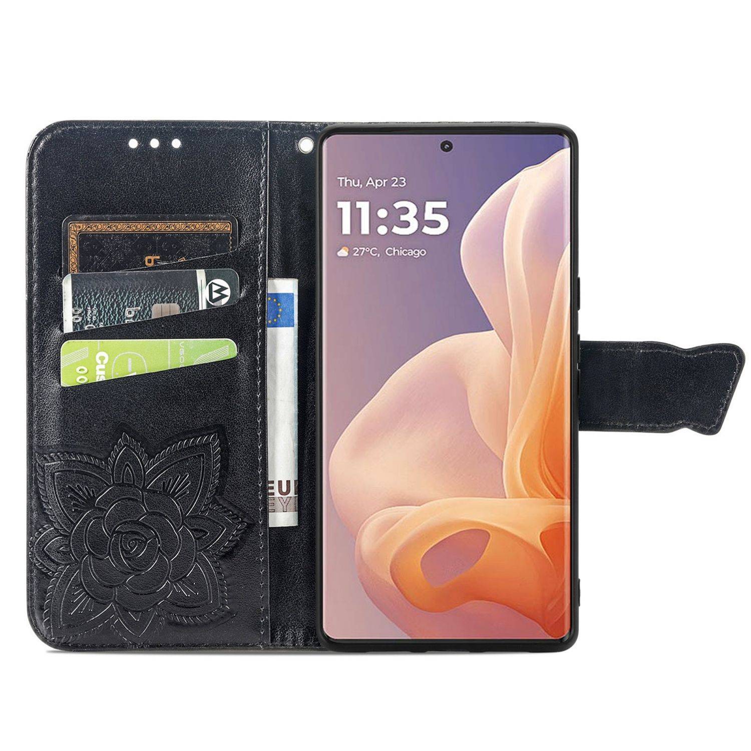 Für Motorola Moto G85 Kunstleder Wallet Handy Tasche Schmetterling Design Hülle Etuis Schwarz