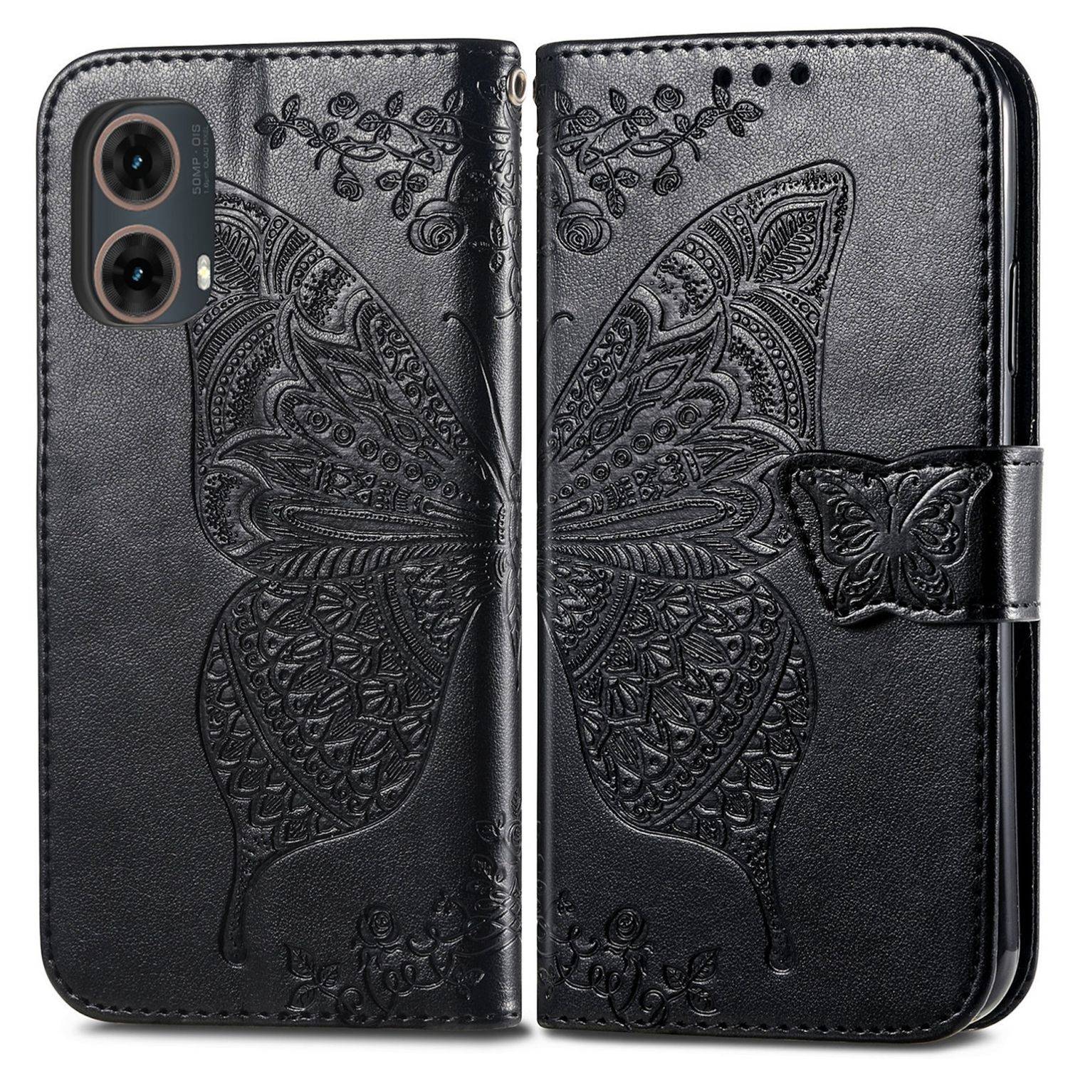 Für Motorola Moto G85 Kunstleder Wallet Handy Tasche Schmetterling Design Hülle Etuis Schwarz