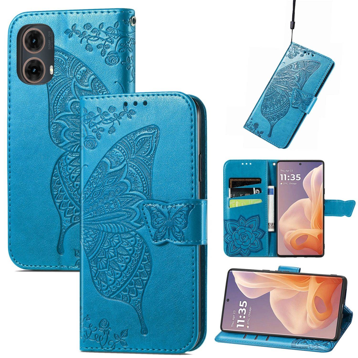 Für Motorola Moto G85 Kunstleder Wallet Handy Tasche Schmetterling Design Hülle Etuis Blau