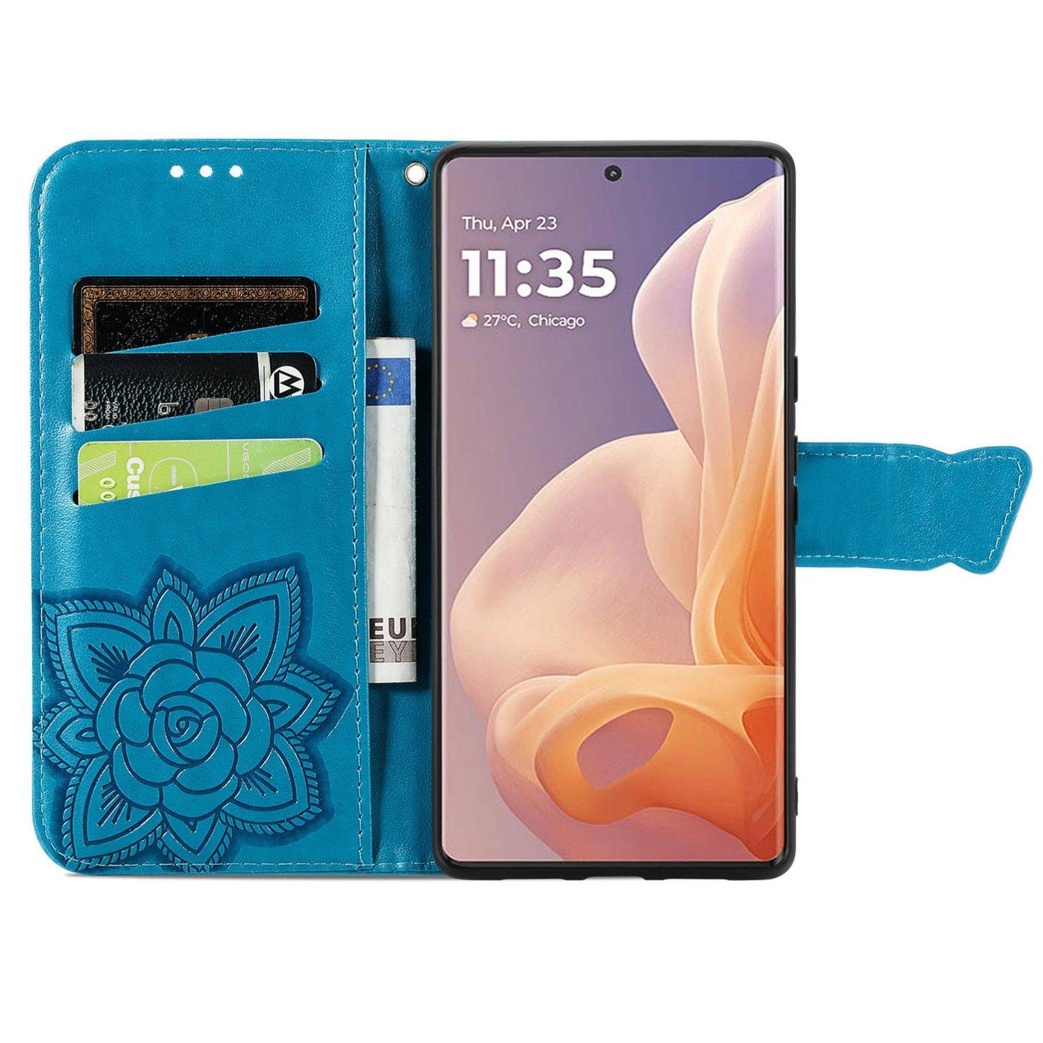 Für Motorola Moto G85 Kunstleder Wallet Handy Tasche Schmetterling Design Hülle Etuis Blau