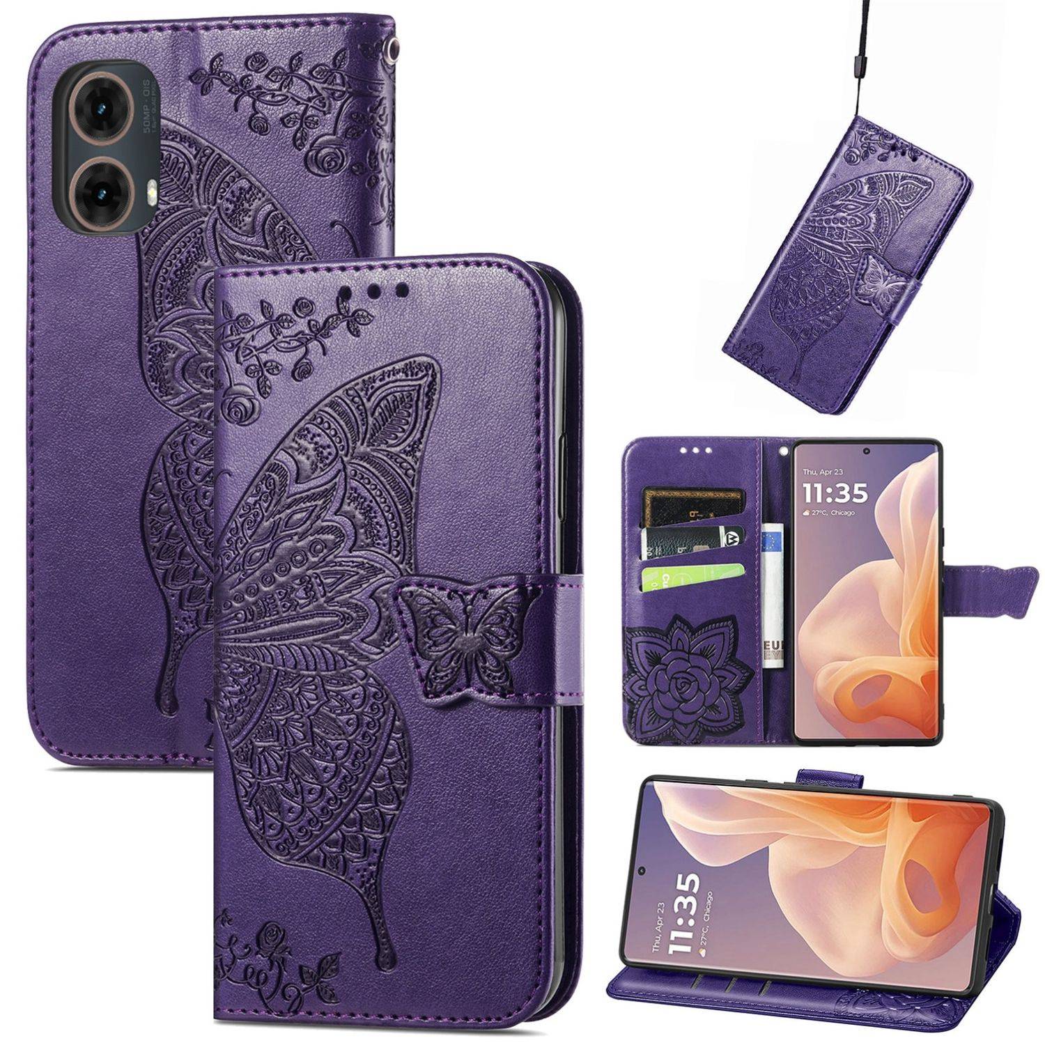 Für Motorola Moto G85 Kunstleder Wallet Handy Tasche Schmetterling Design Hülle Etuis Lila