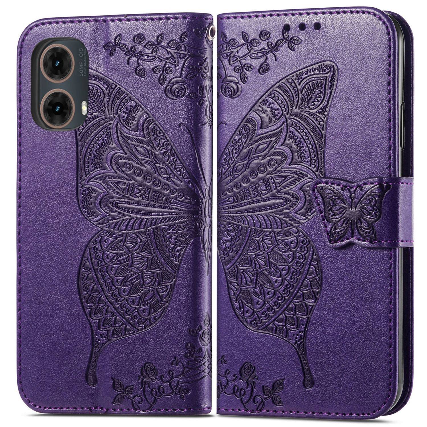 Für Motorola Moto G85 Kunstleder Wallet Handy Tasche Schmetterling Design Hülle Etuis Lila