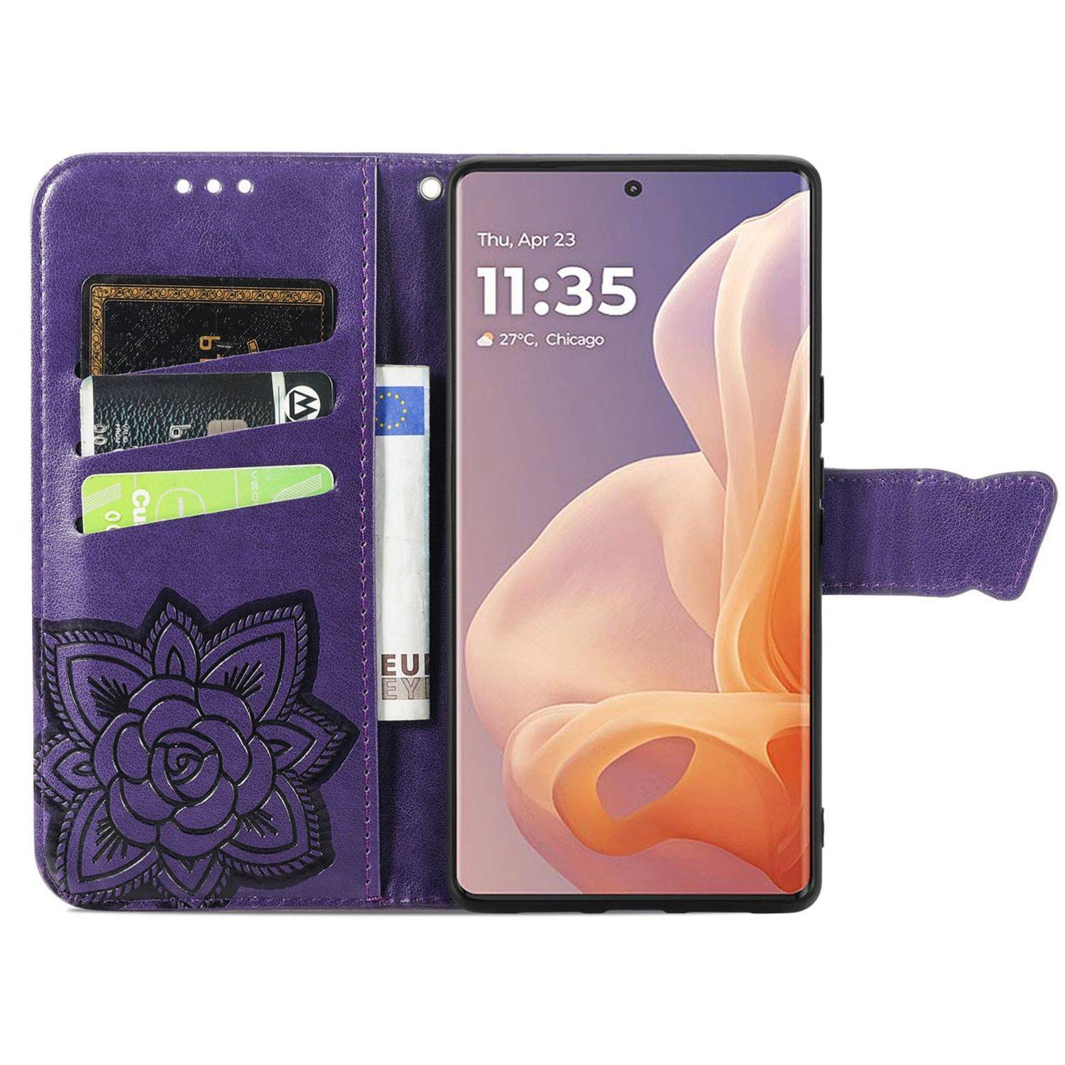 Für Motorola Moto G85 Kunstleder Wallet Handy Tasche Schmetterling Design Hülle Etuis Lila