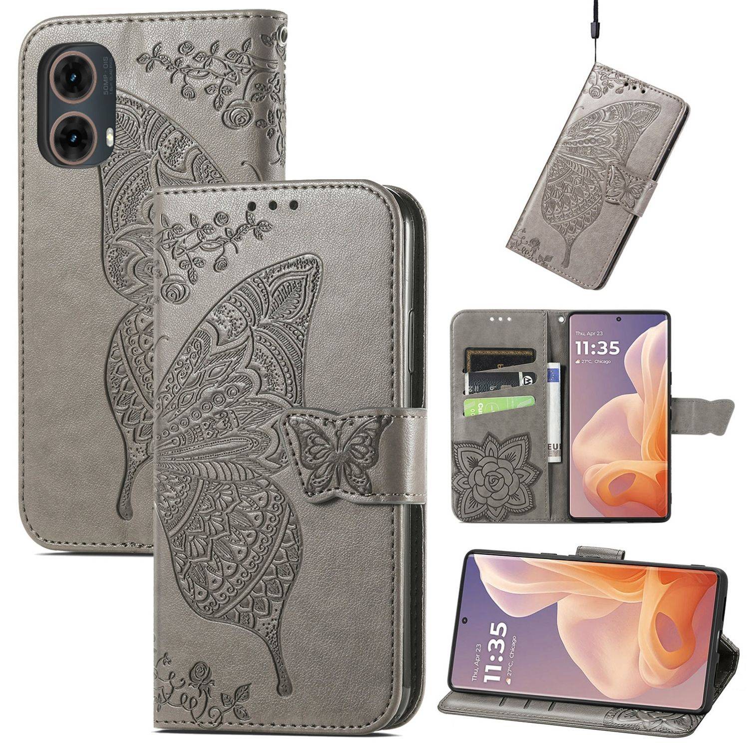 Für Motorola Moto G85 Kunstleder Wallet Handy Tasche Schmetterling Design Hülle Etuis Grau