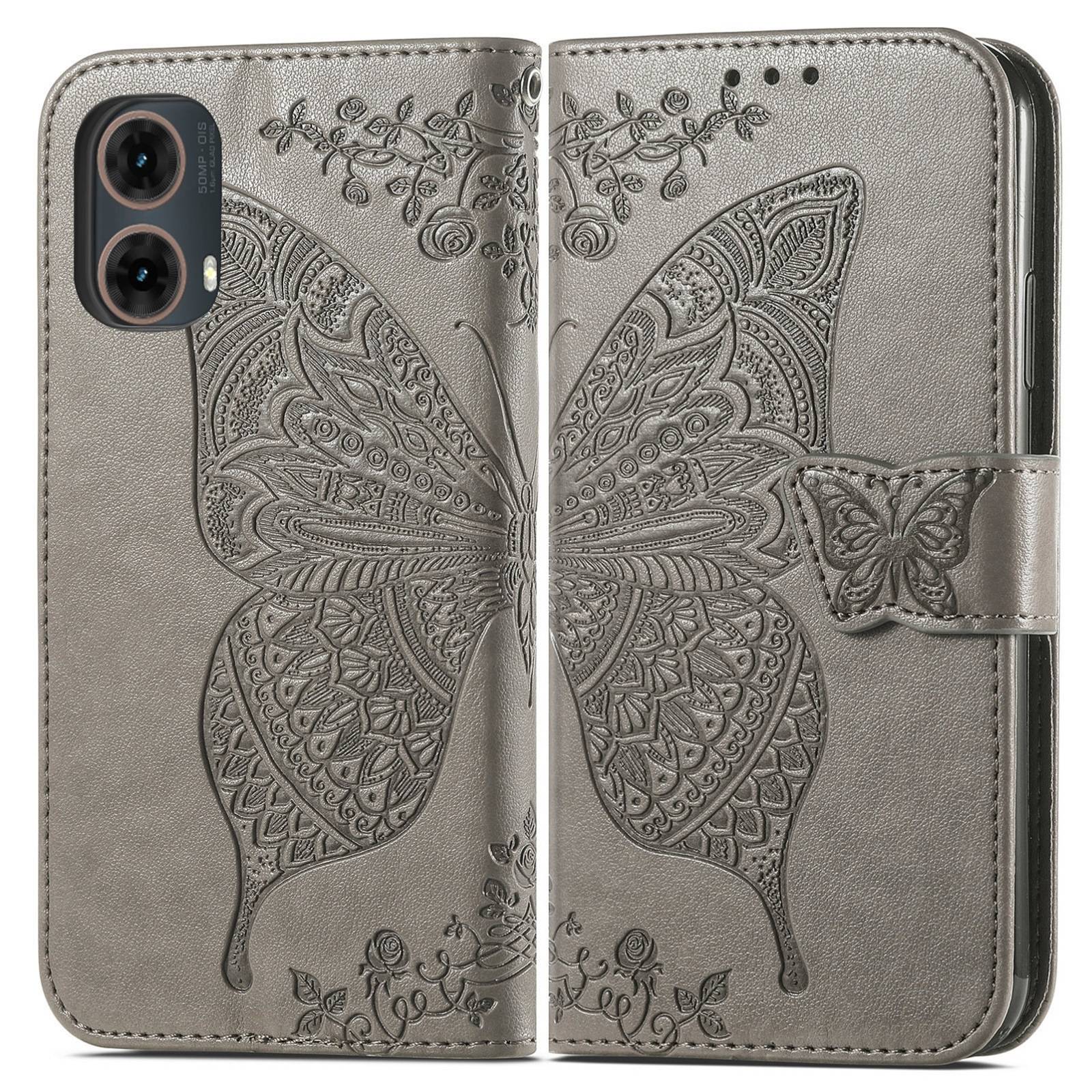Für Motorola Moto G85 Kunstleder Wallet Handy Tasche Schmetterling Design Hülle Etuis Grau