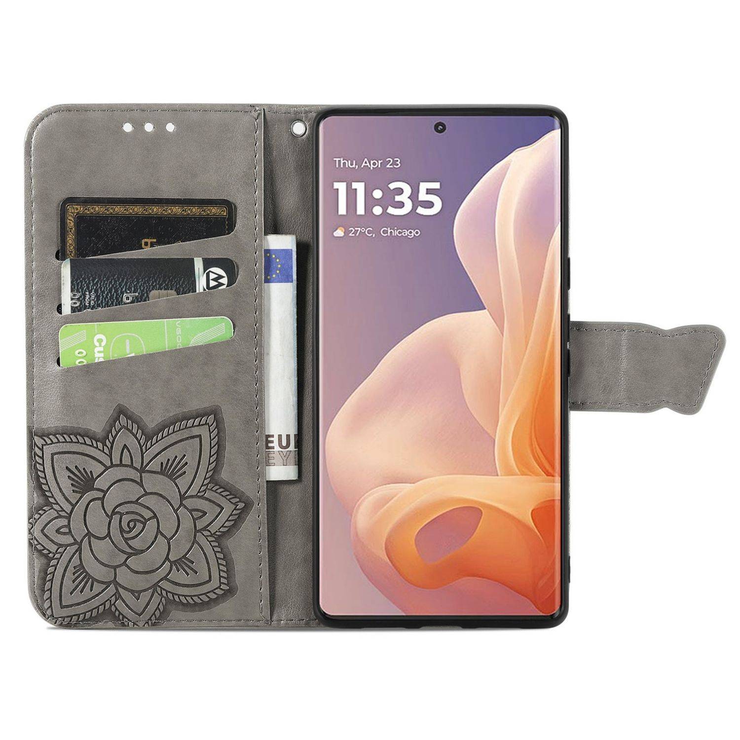 Für Motorola Moto G85 Kunstleder Wallet Handy Tasche Schmetterling Design Hülle Etuis Grau