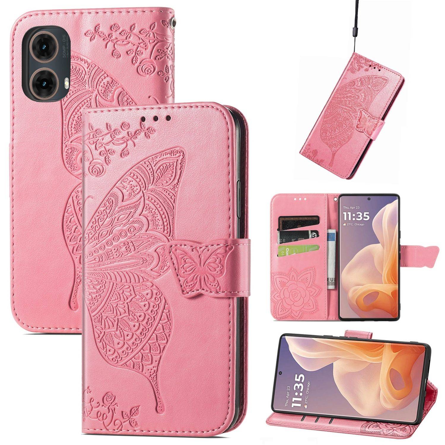 Für Motorola Moto G85 Kunstleder Wallet Handy Tasche Schmetterling Design Hülle Etuis Pink