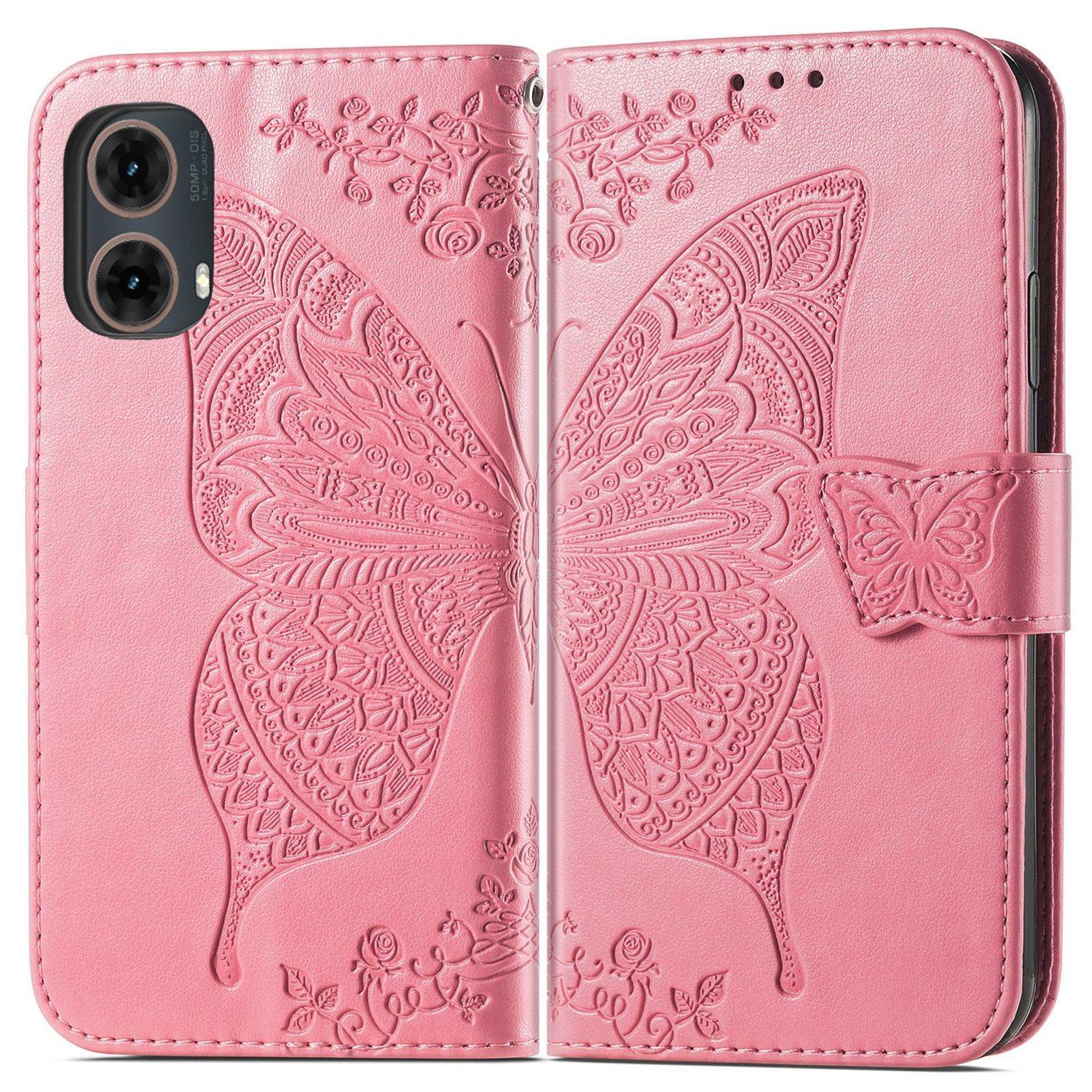 Für Motorola Moto G85 Kunstleder Wallet Handy Tasche Schmetterling Design Hülle Etuis Pink