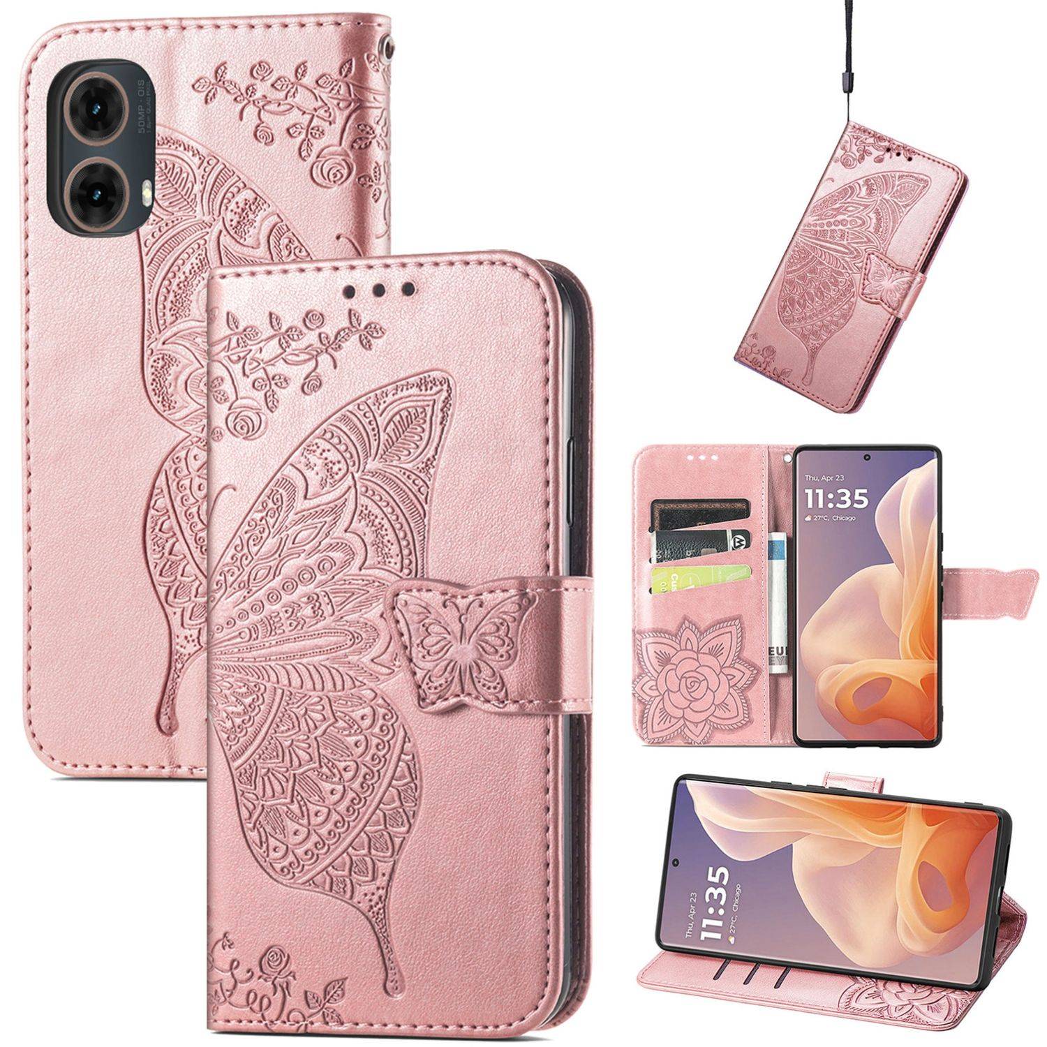 Für Motorola Moto G85 Kunstleder Wallet Handy Tasche Schmetterling Design Hülle Etuis Rosa