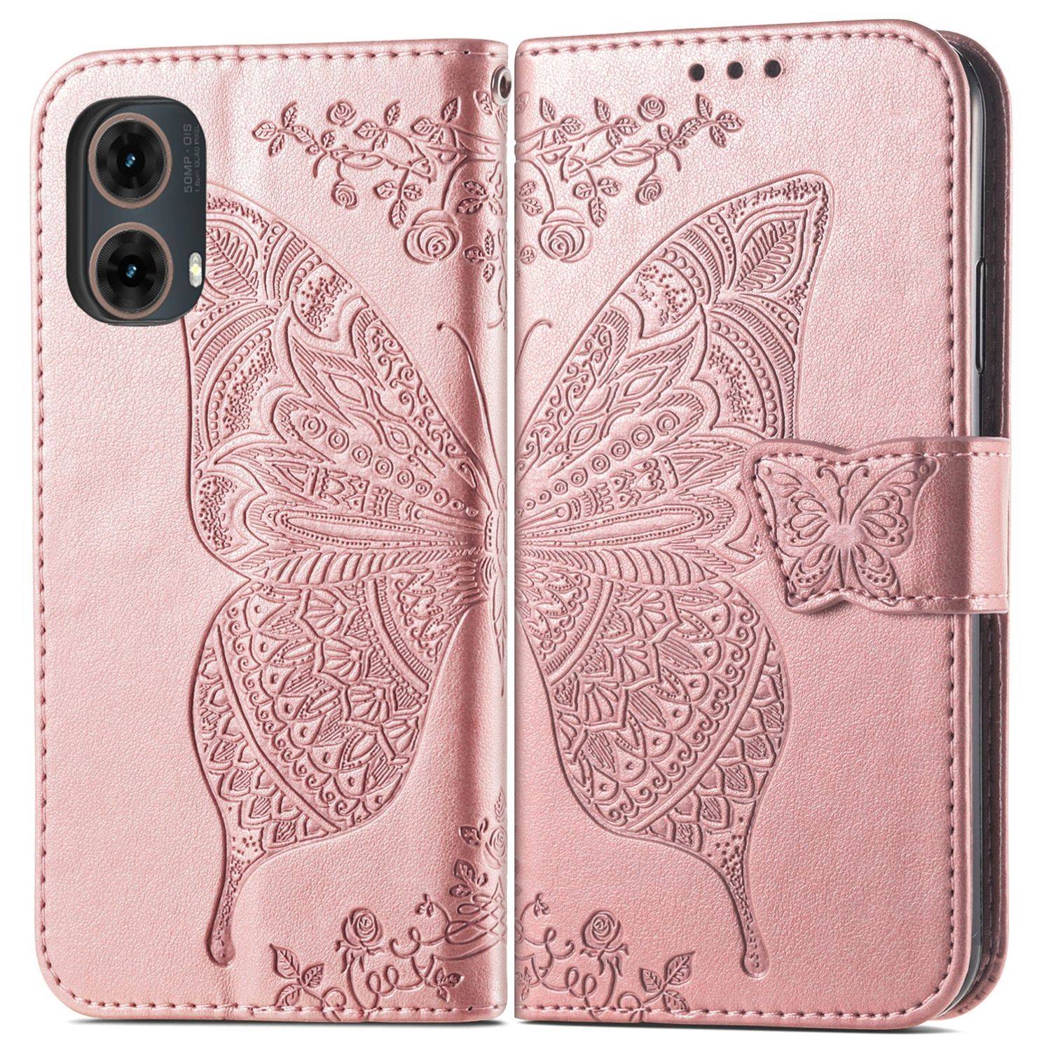 Für Motorola Moto G85 Kunstleder Wallet Handy Tasche Schmetterling Design Hülle Etuis Rosa