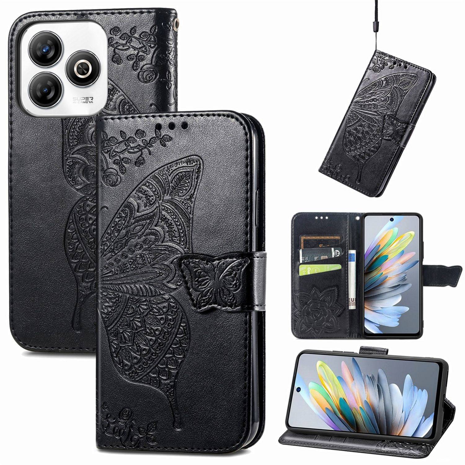 Für ZTE Blade A75 4G Kunstleder Wallet Handy Tasche Schmetterling Design Hülle Etuis Schwarz