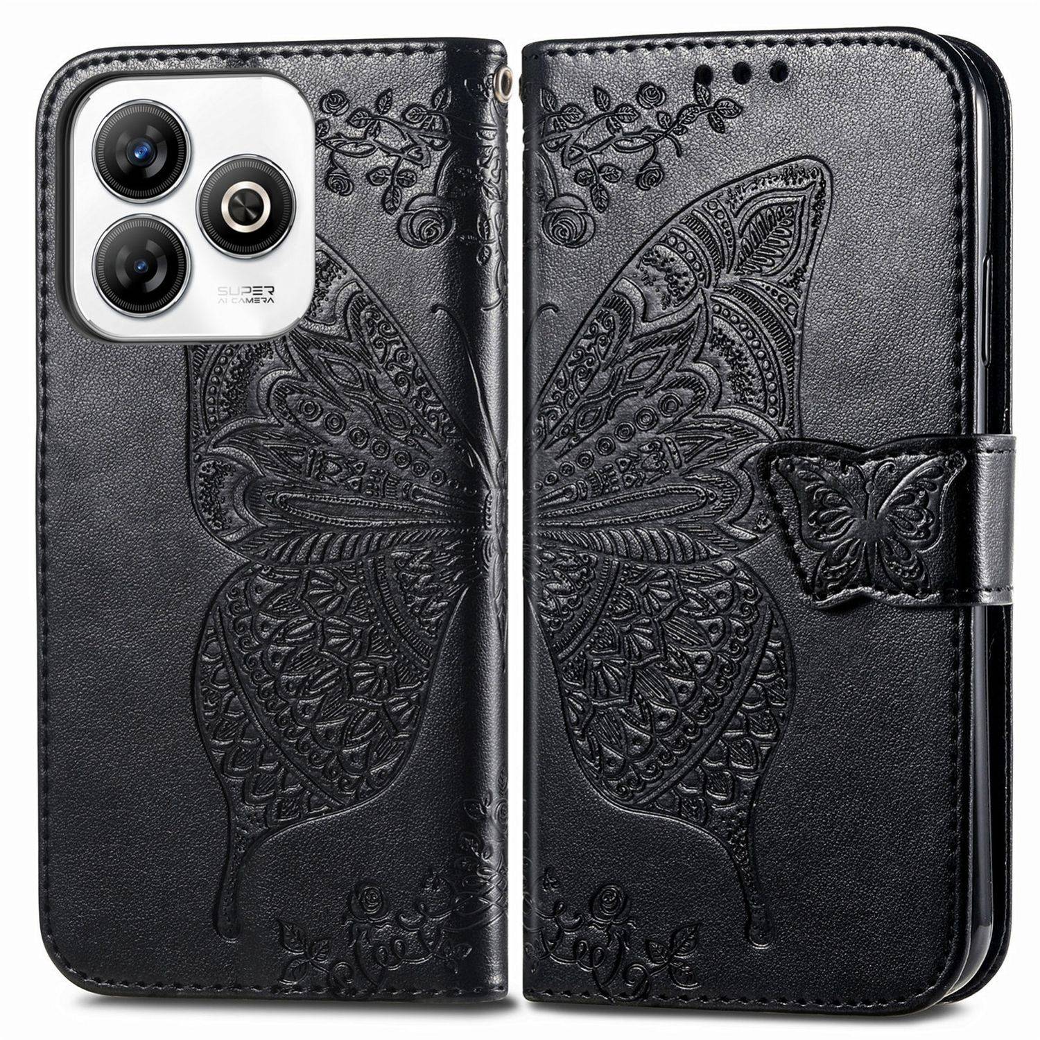 Für ZTE Blade A75 4G Kunstleder Wallet Handy Tasche Schmetterling Design Hülle Etuis Schwarz