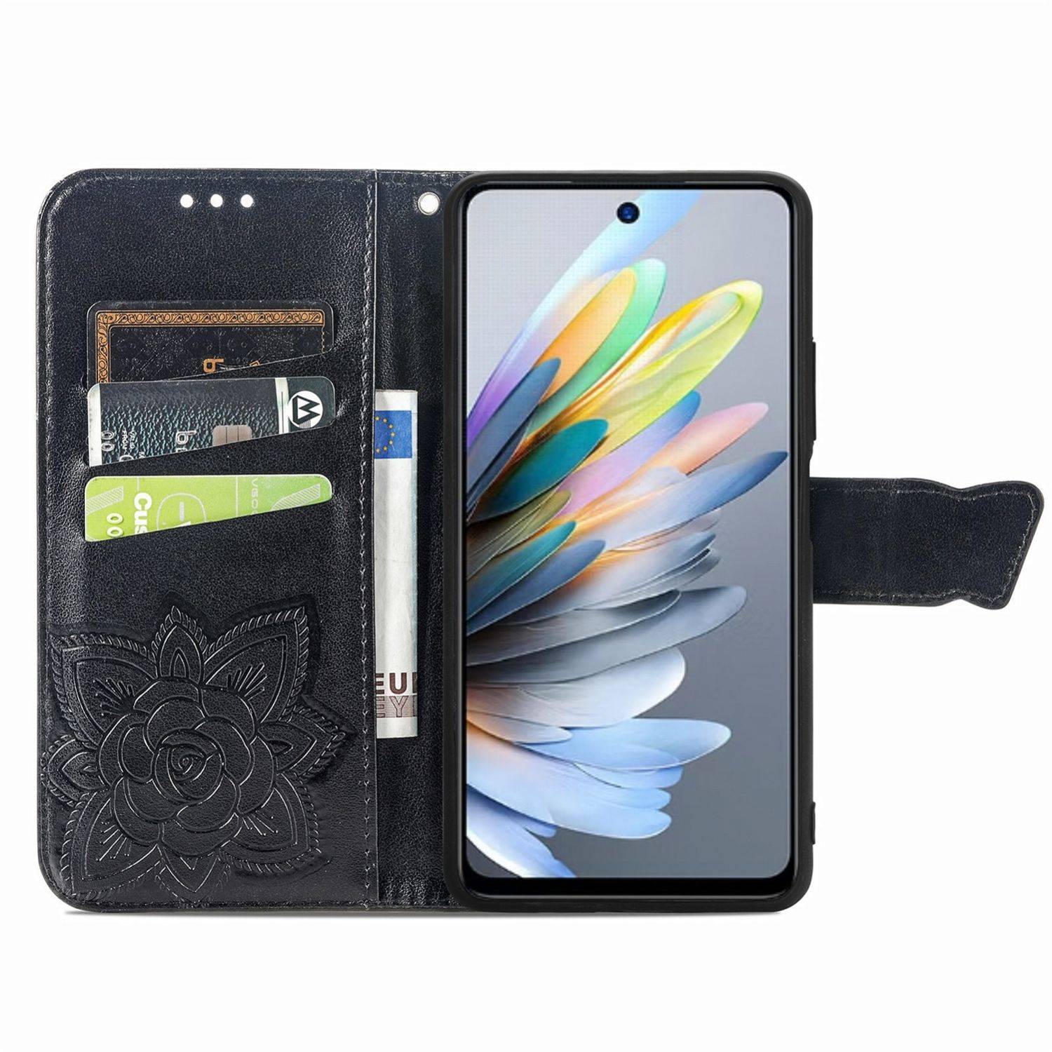 Für ZTE Blade A75 4G Kunstleder Wallet Handy Tasche Schmetterling Design Hülle Etuis Schwarz