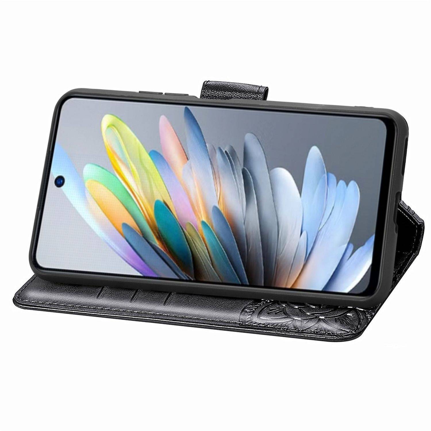 Für ZTE Blade A75 4G Kunstleder Wallet Handy Tasche Schmetterling Design Hülle Etuis Schwarz