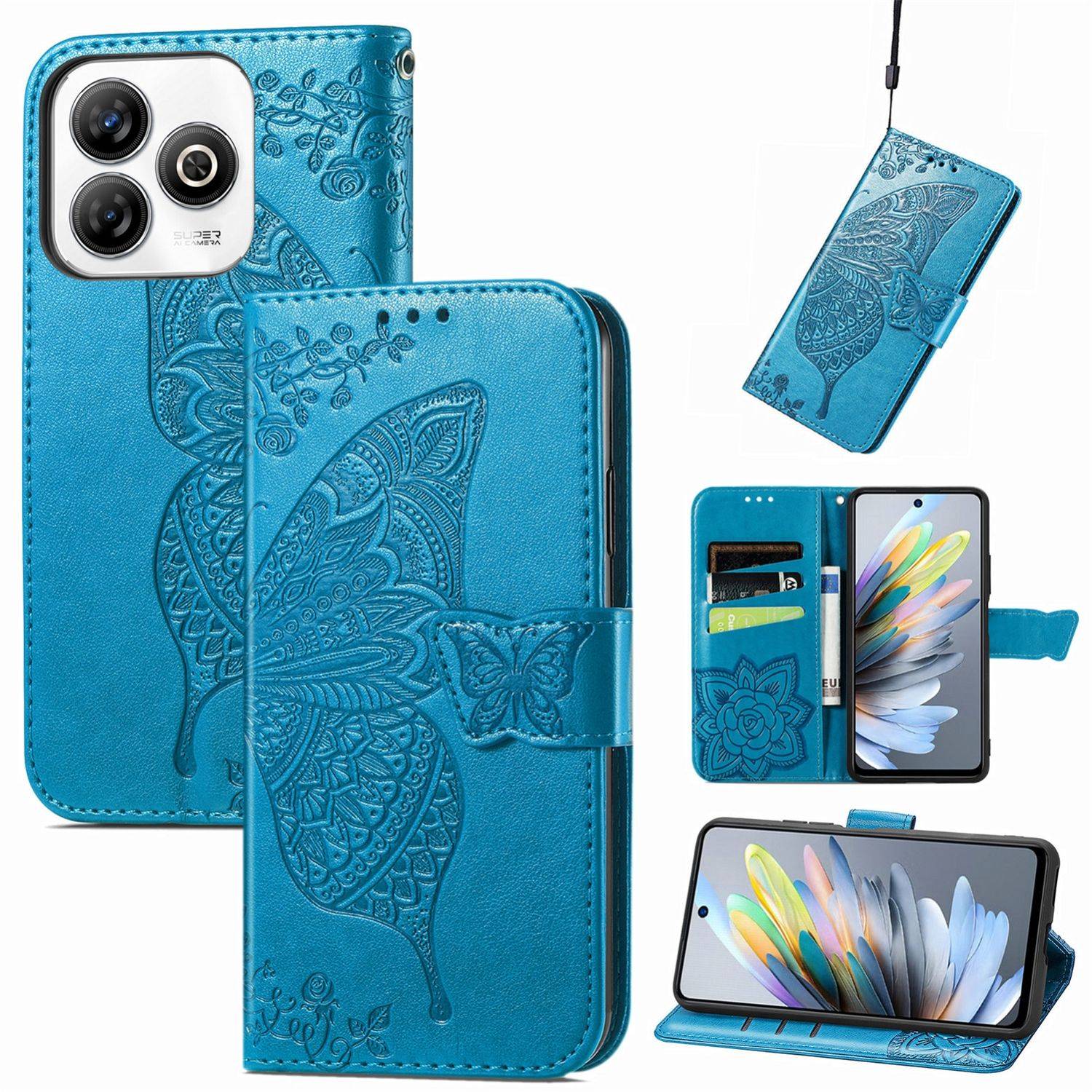 Für ZTE Blade A75 4G Kunstleder Wallet Handy Tasche Schmetterling Design Hülle Etuis Blau