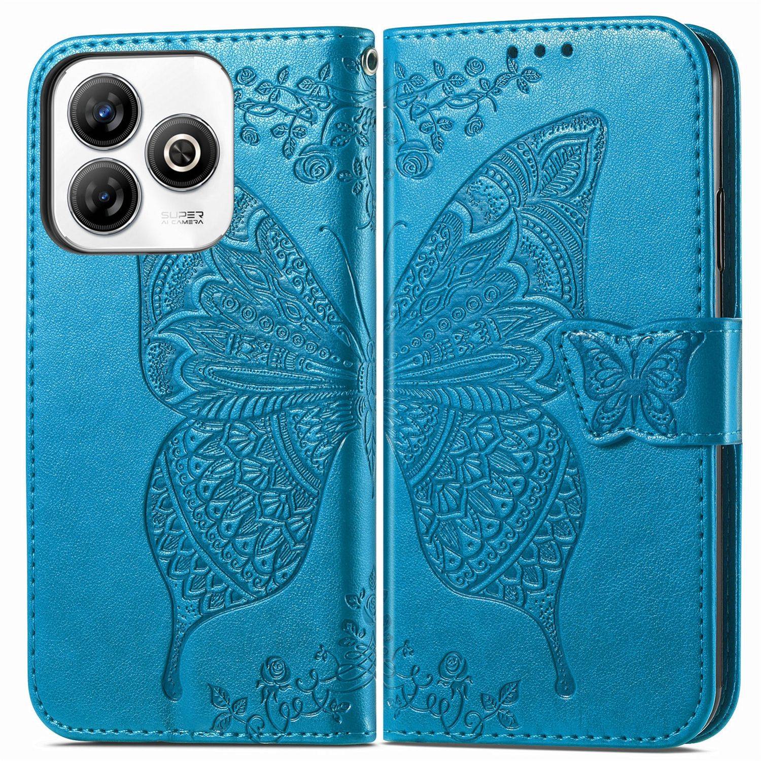 Für ZTE Blade A75 4G Kunstleder Wallet Handy Tasche Schmetterling Design Hülle Etuis Blau