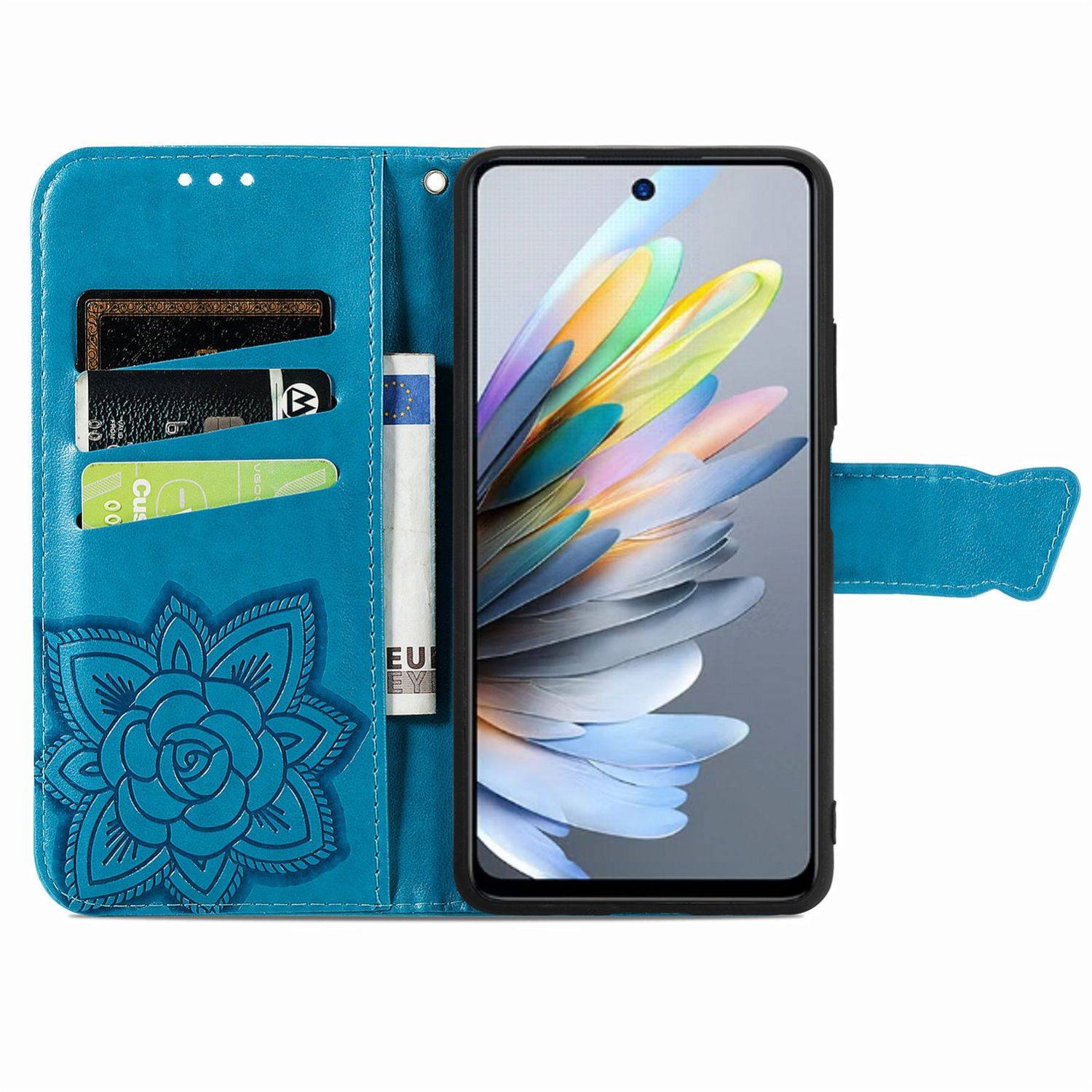 Für ZTE Blade A75 4G Kunstleder Wallet Handy Tasche Schmetterling Design Hülle Etuis Blau