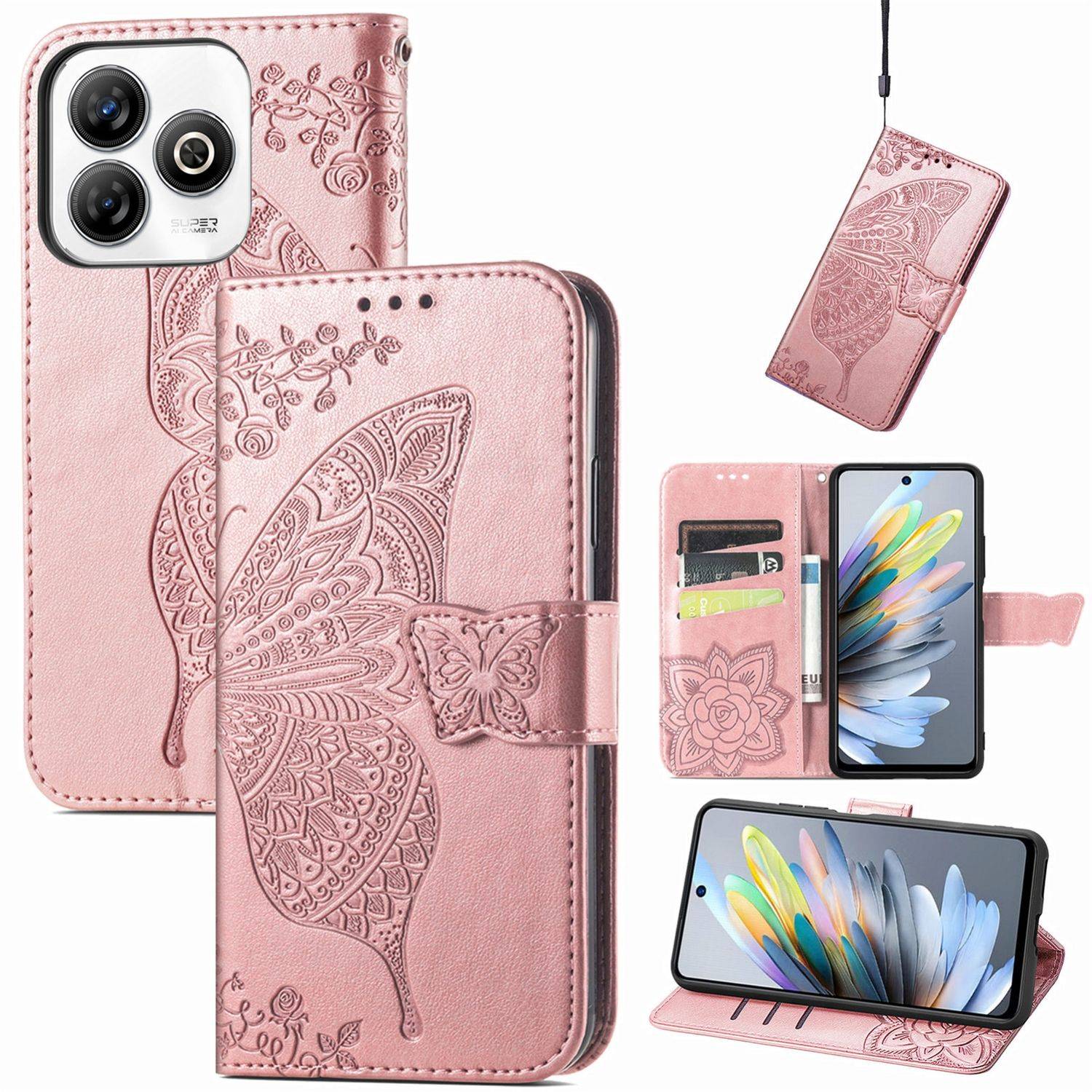 Für ZTE Blade A75 4G Kunstleder Wallet Handy Tasche Schmetterling Design Hülle Etuis Rosa