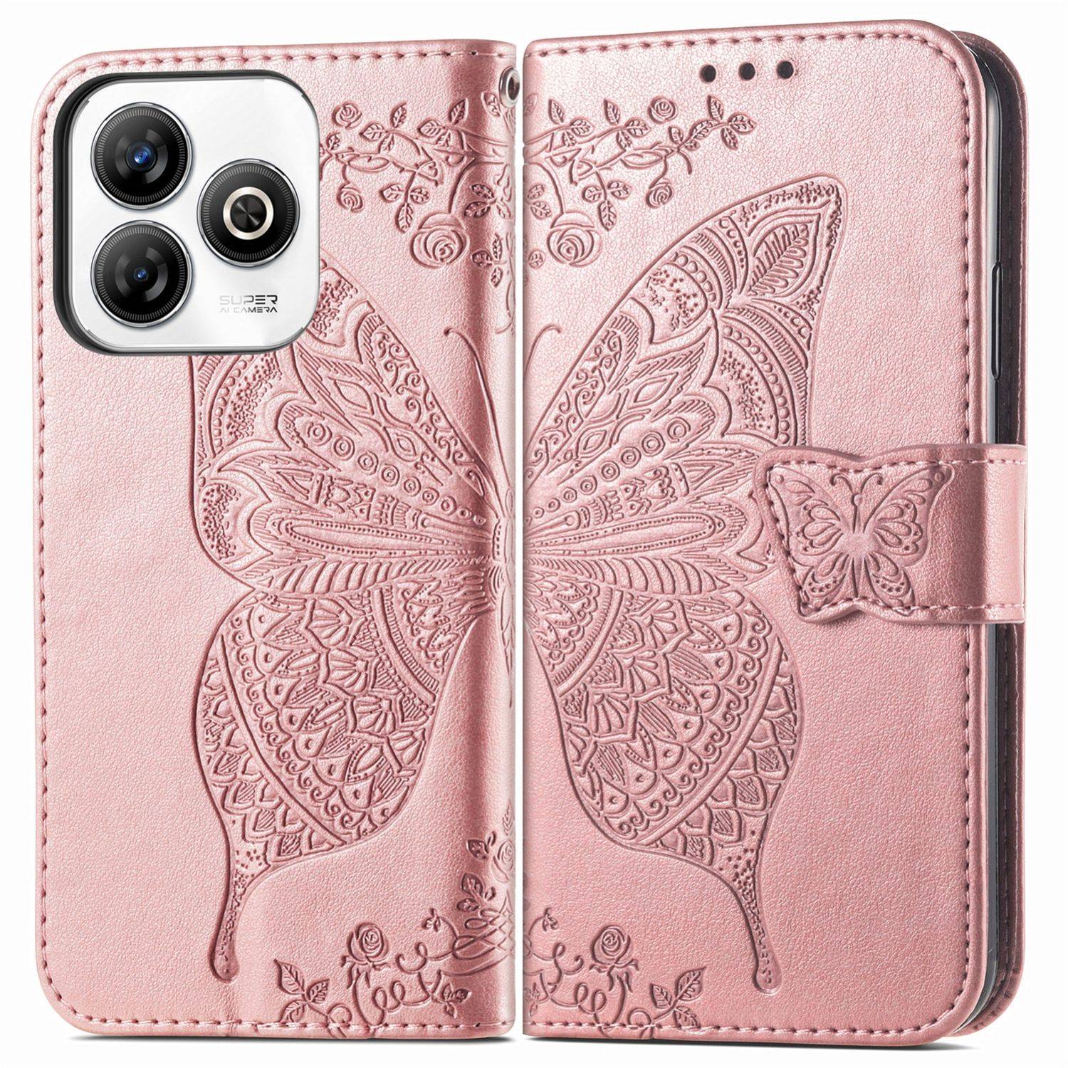 Für ZTE Blade A75 4G Kunstleder Wallet Handy Tasche Schmetterling Design Hülle Etuis Rosa