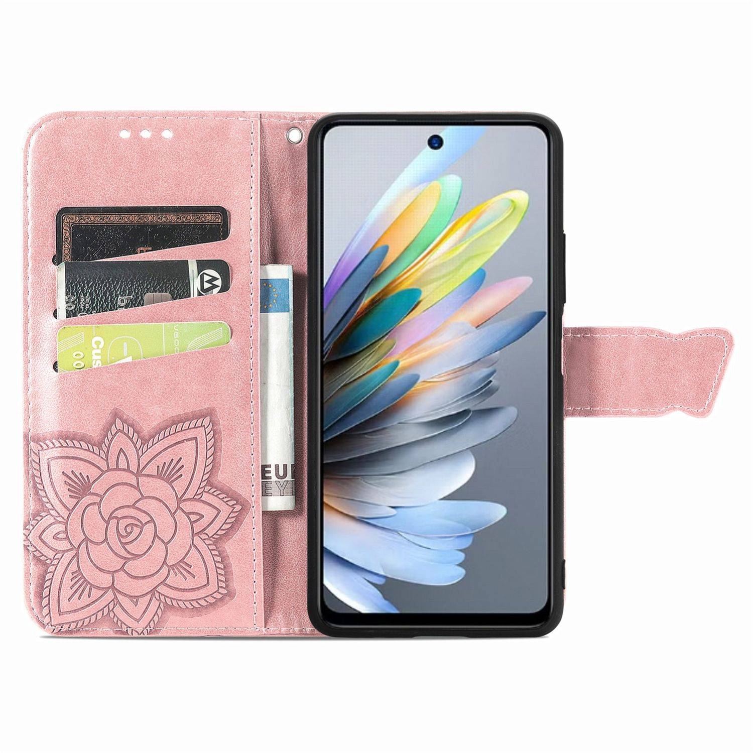 Für ZTE Blade A75 4G Kunstleder Wallet Handy Tasche Schmetterling Design Hülle Etuis Rosa