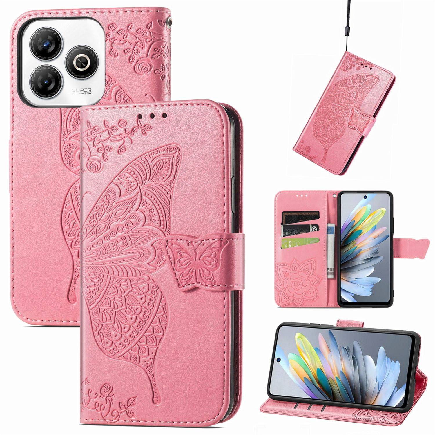 Für ZTE Blade A75 4G Kunstleder Wallet Handy Tasche Schmetterling Design Hülle Etuis Pink