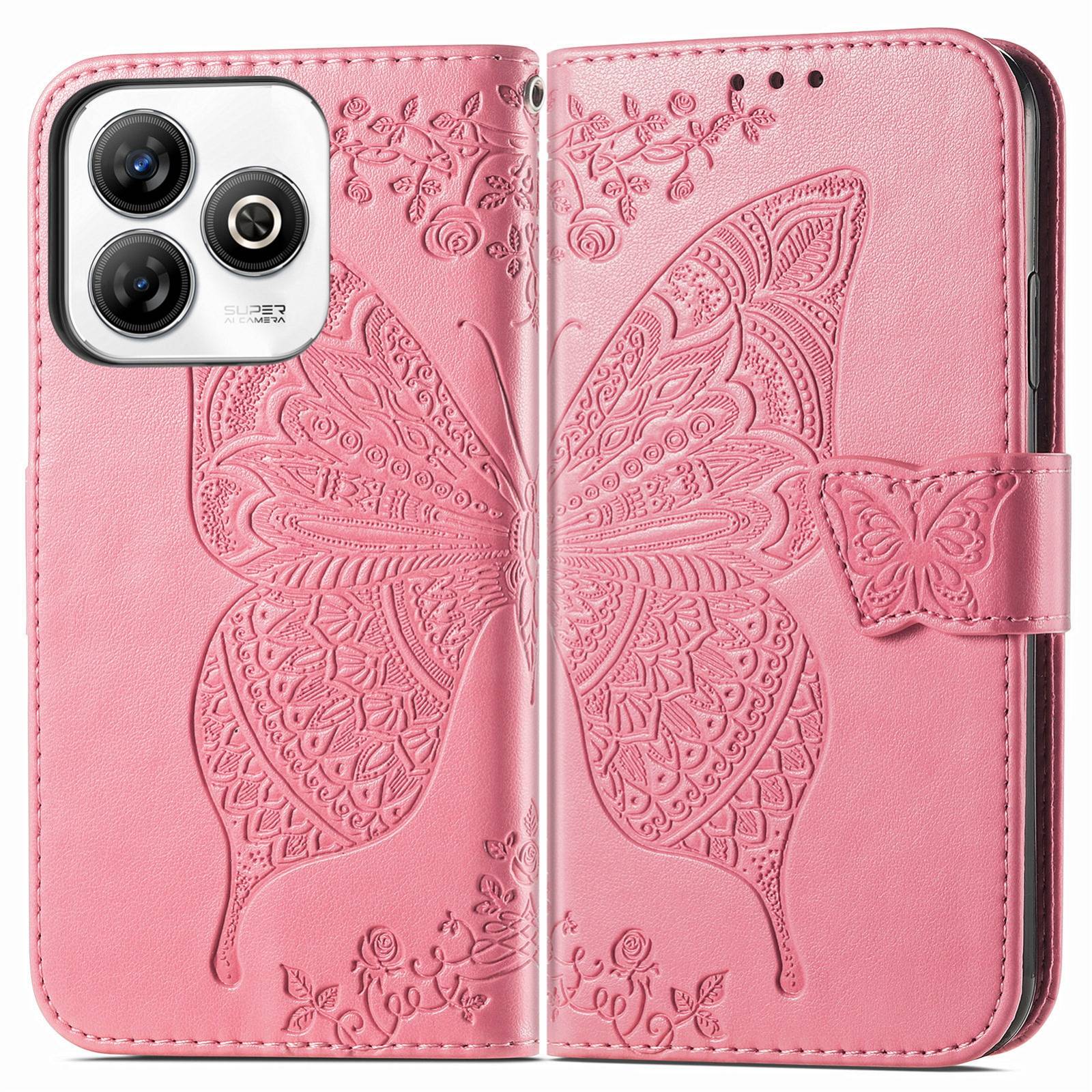 Für ZTE Blade A75 4G Kunstleder Wallet Handy Tasche Schmetterling Design Hülle Etuis Pink