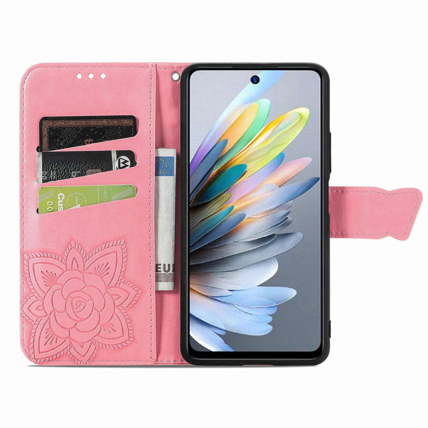 Für ZTE Blade A75 4G Kunstleder Wallet Handy Tasche Schmetterling Design Hülle Etuis Pink
