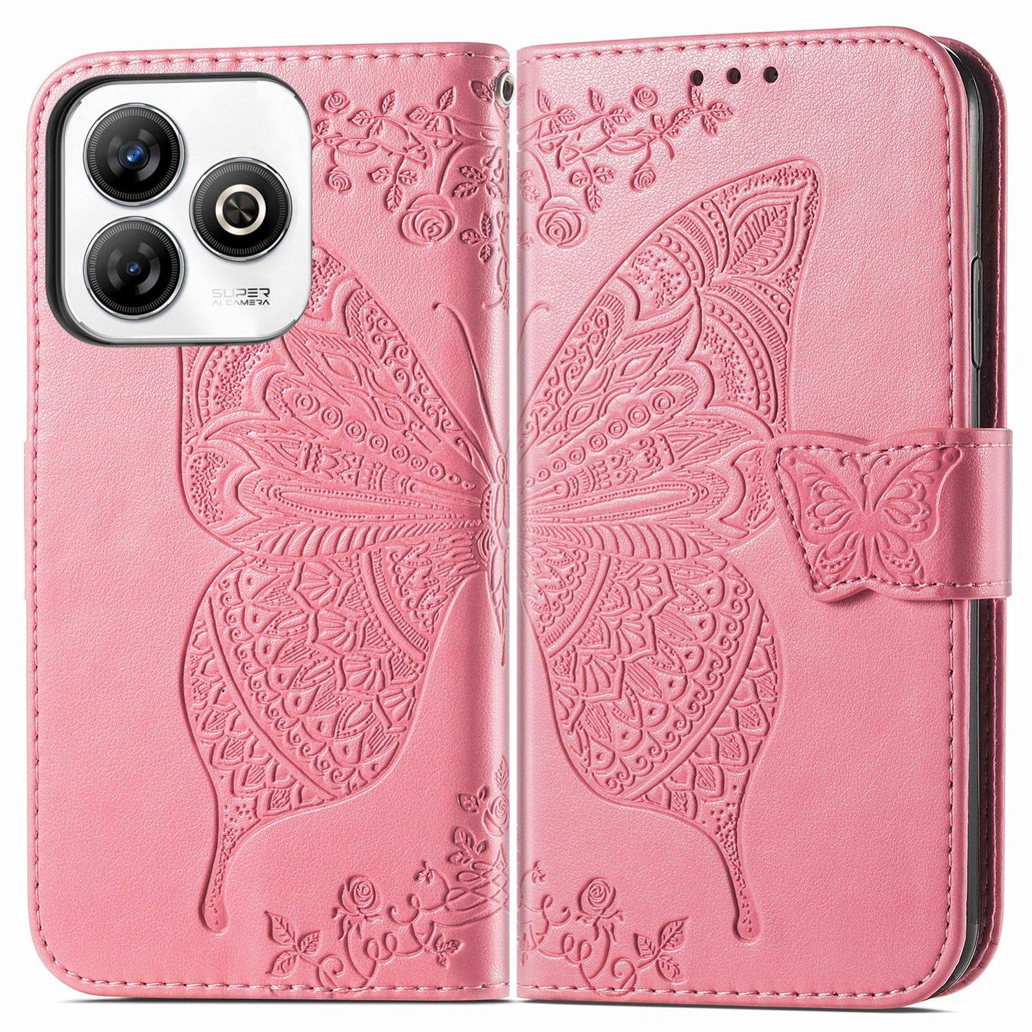 Für ZTE Blade A75 4G Kunstleder Wallet Handy Tasche Schmetterling Design Hülle Etuis Pink