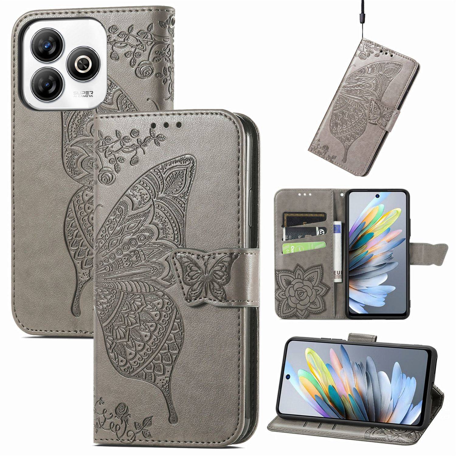 Für ZTE Blade A75 4G Kunstleder Wallet Handy Tasche Schmetterling Design Hülle Etuis Grau
