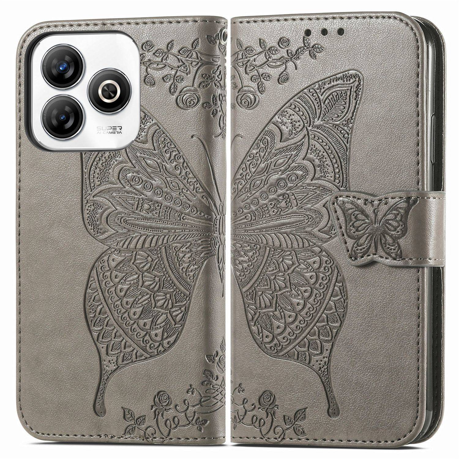 Für ZTE Blade A75 4G Kunstleder Wallet Handy Tasche Schmetterling Design Hülle Etuis Grau