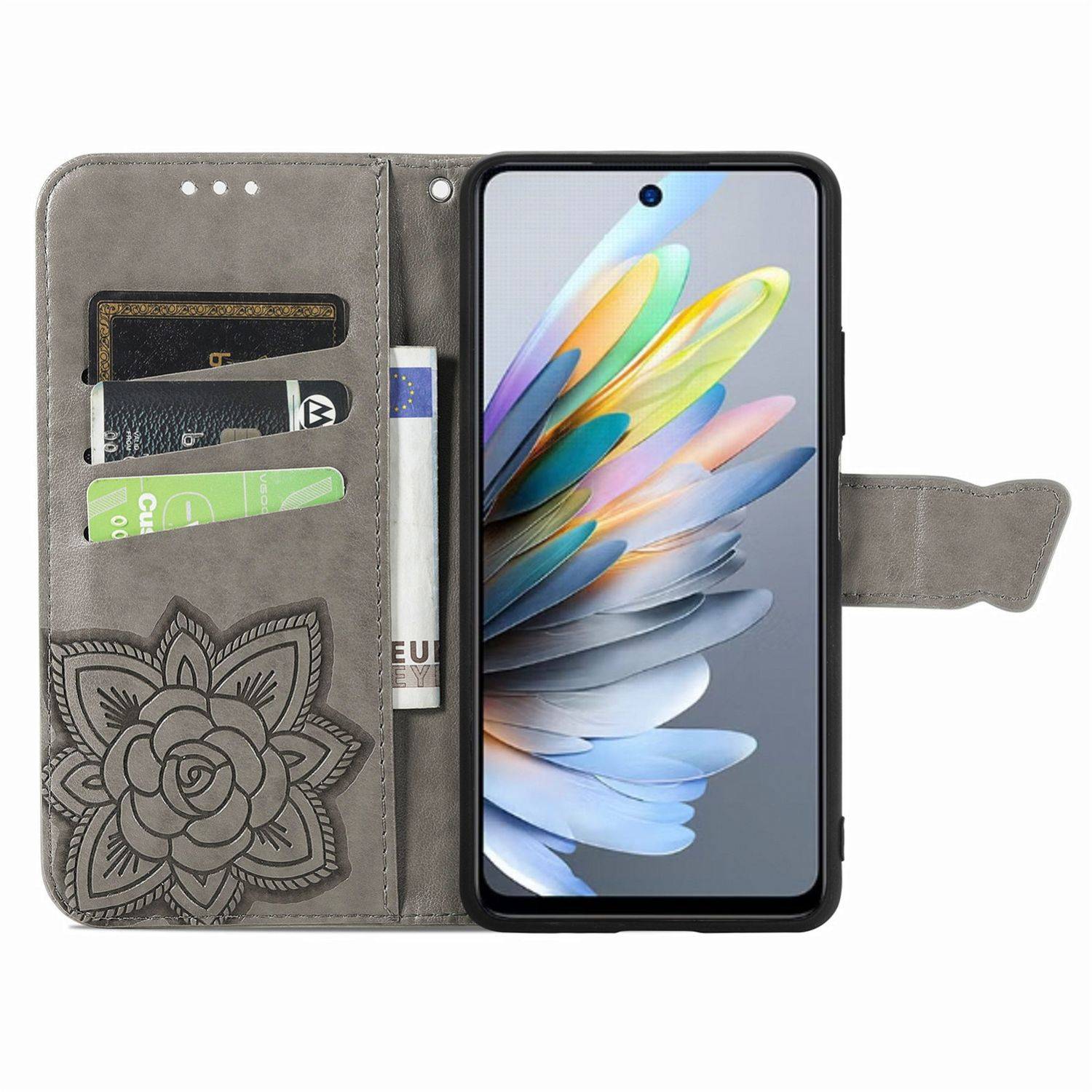 Für ZTE Blade A75 4G Kunstleder Wallet Handy Tasche Schmetterling Design Hülle Etuis Grau